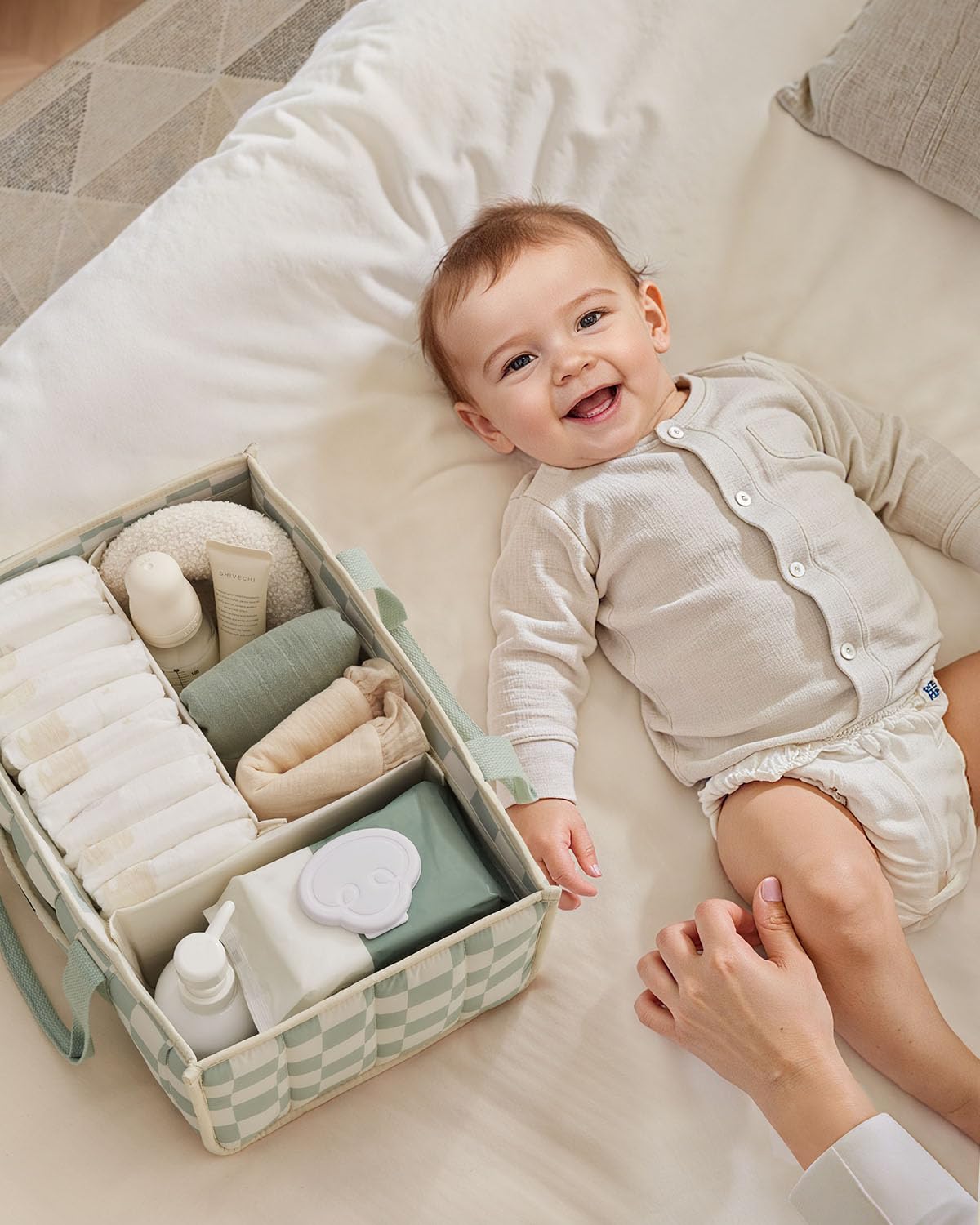 Blissful Diary Nappy Caddy Organiser, Baby Diaper Caddy for Nappy Station, Stylish Storage Basket for Newborn Essentials, Baby Shower Gifts for Girl or Boy, Sage Green