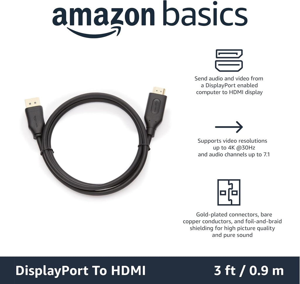 Amazon Basics DisplayPort to HDMI Cable, Uni-Directional, 0.9 m, Black