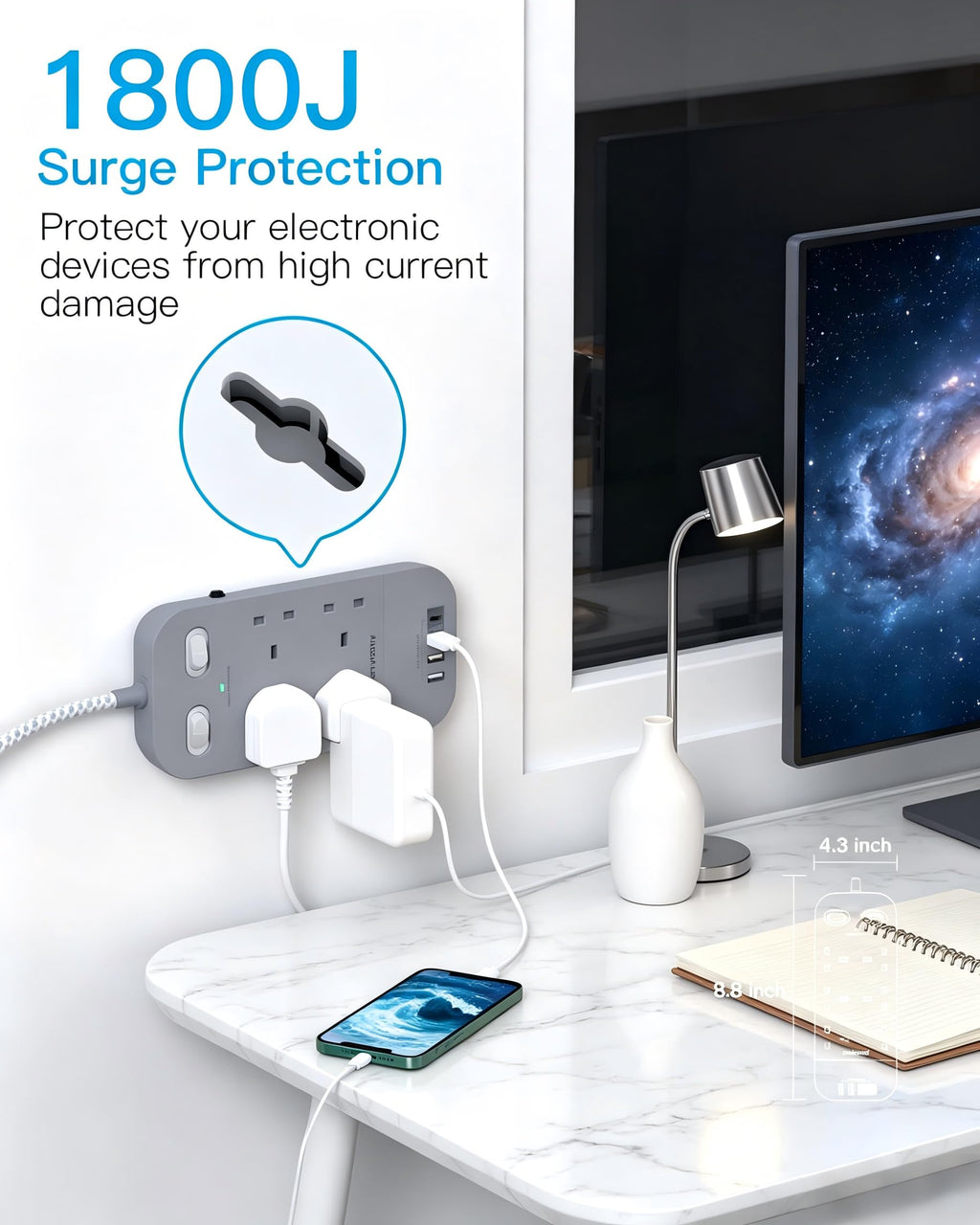 Extension Lead 5M, 4 Way Surge Protected Power Strip with USB C Slots