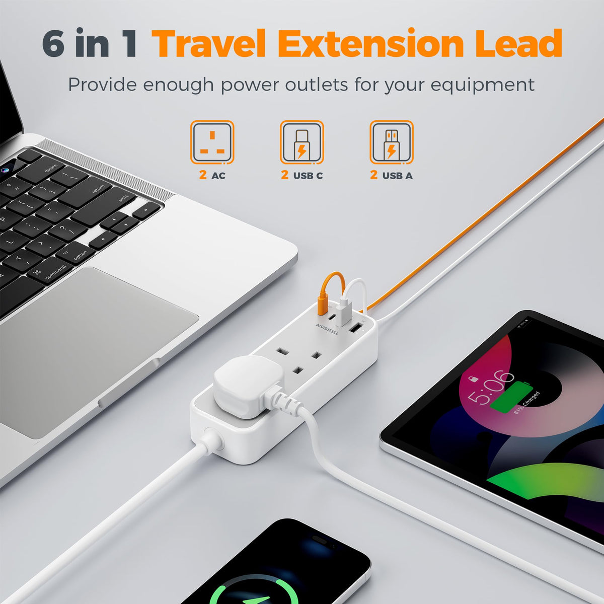 TESSAN 1.5M Extension Lead with PD 20W USB C Charger (4 USB Slots)