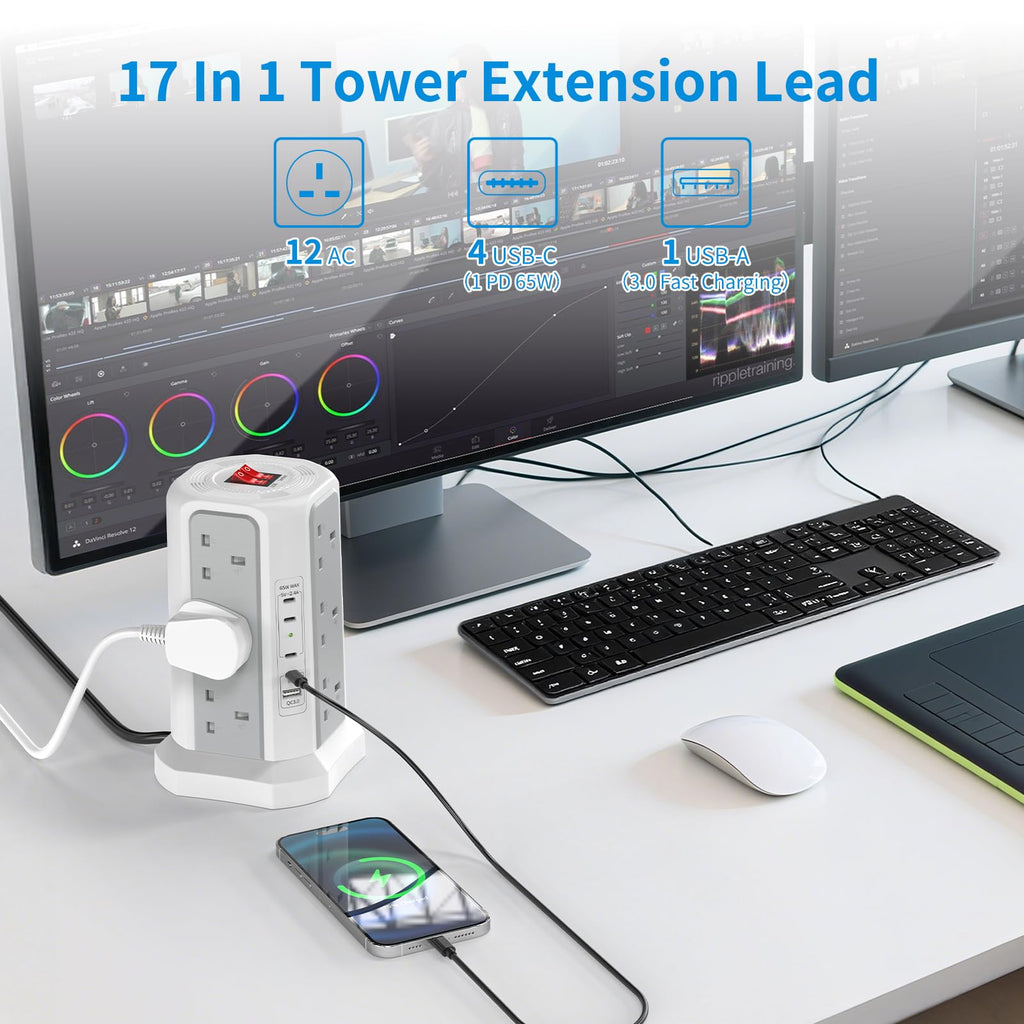 HAFINO Tower Extension Lead with USB Slots, PD18W USB C Fast Charger, 1.8M