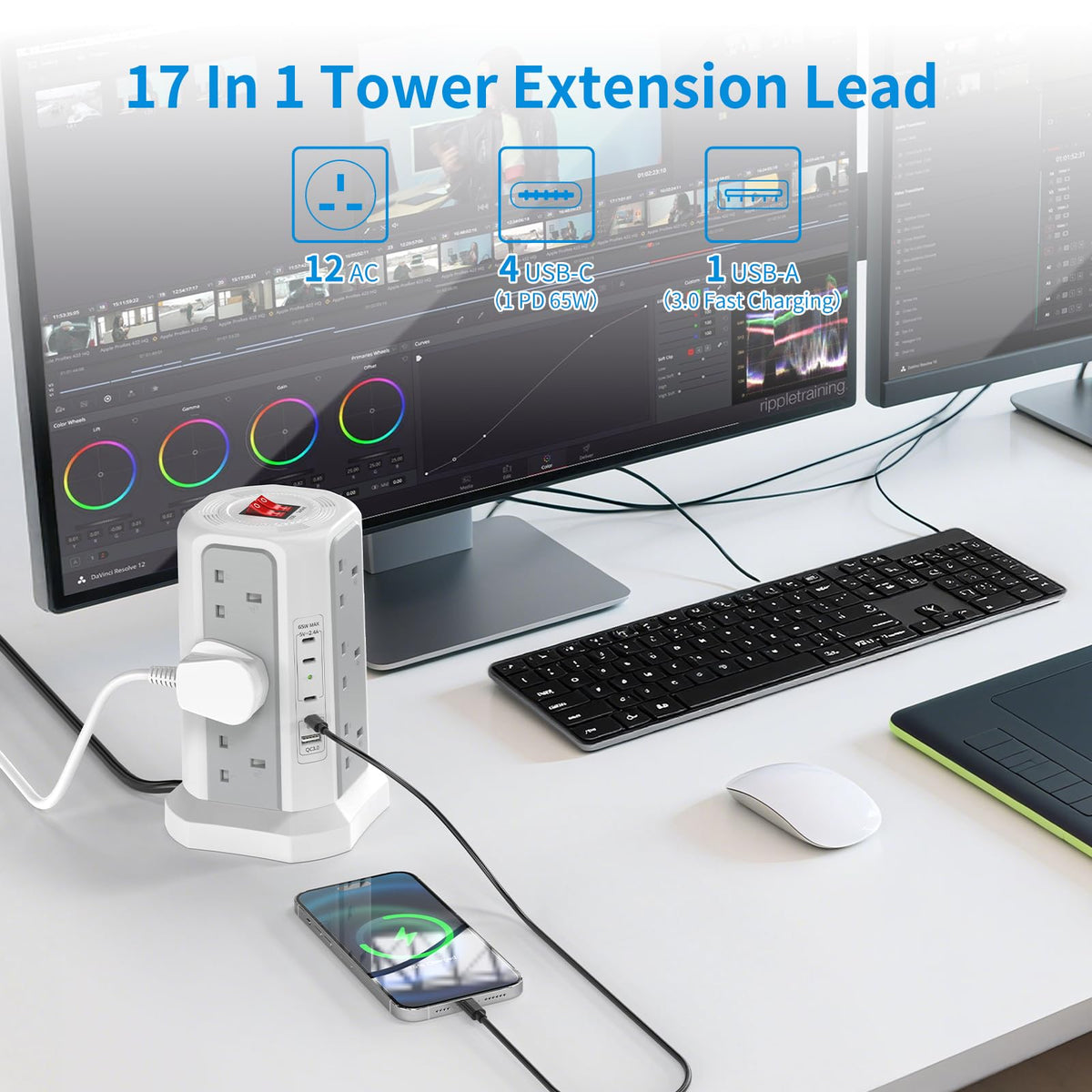 HAFINO Tower Extension Lead with USB Slots, PD18W USB C Fast Charger, 1.8M