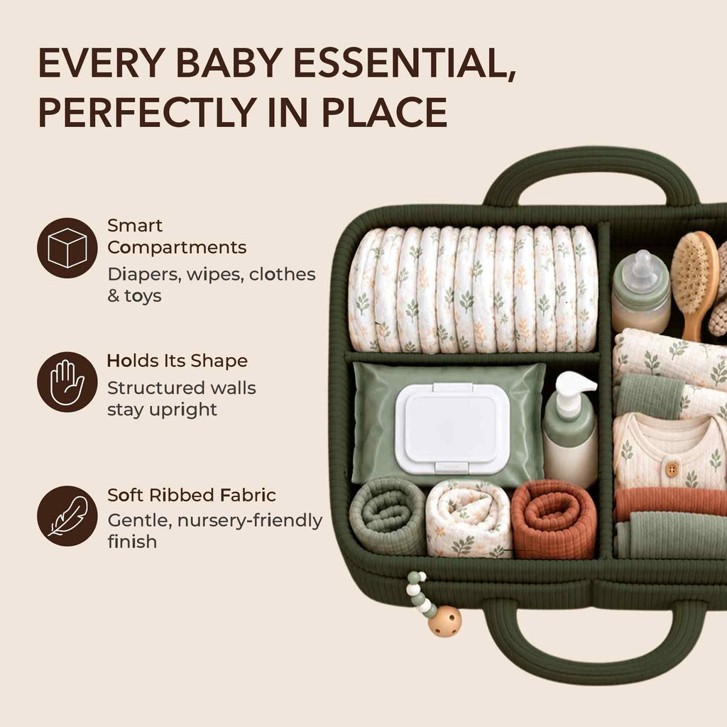 Essential Baby Caddy for Newborns. Spacious, Sturdy & Portable Diaper and Nappy Caddy for Newborn Essentials, Nursery Storage Basket & Organiser for Baby Shower Gifts & Registry Must-Haves Grey