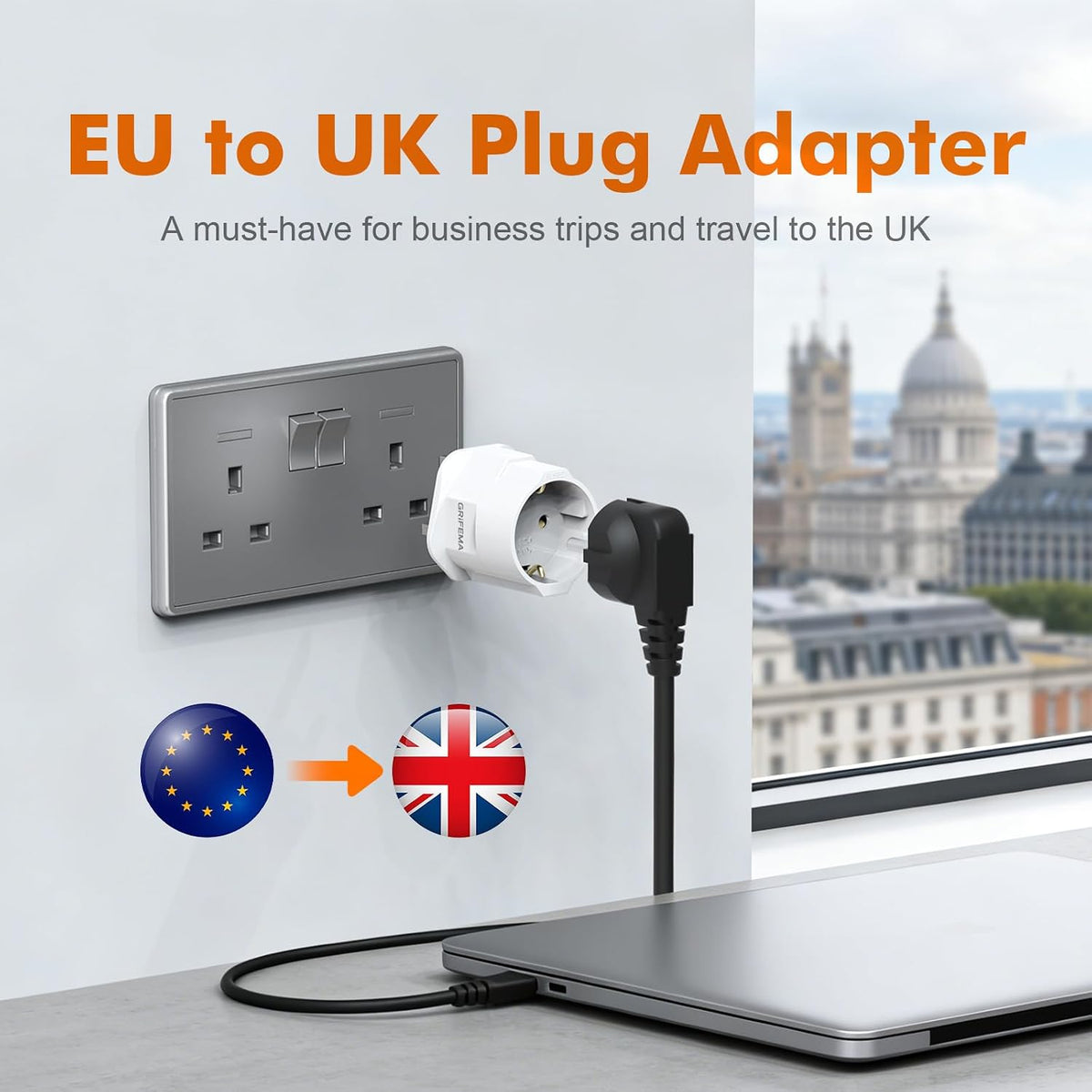 GRIFEMA EU to UK Plug Adapter with 13A Fuse 2 Pack