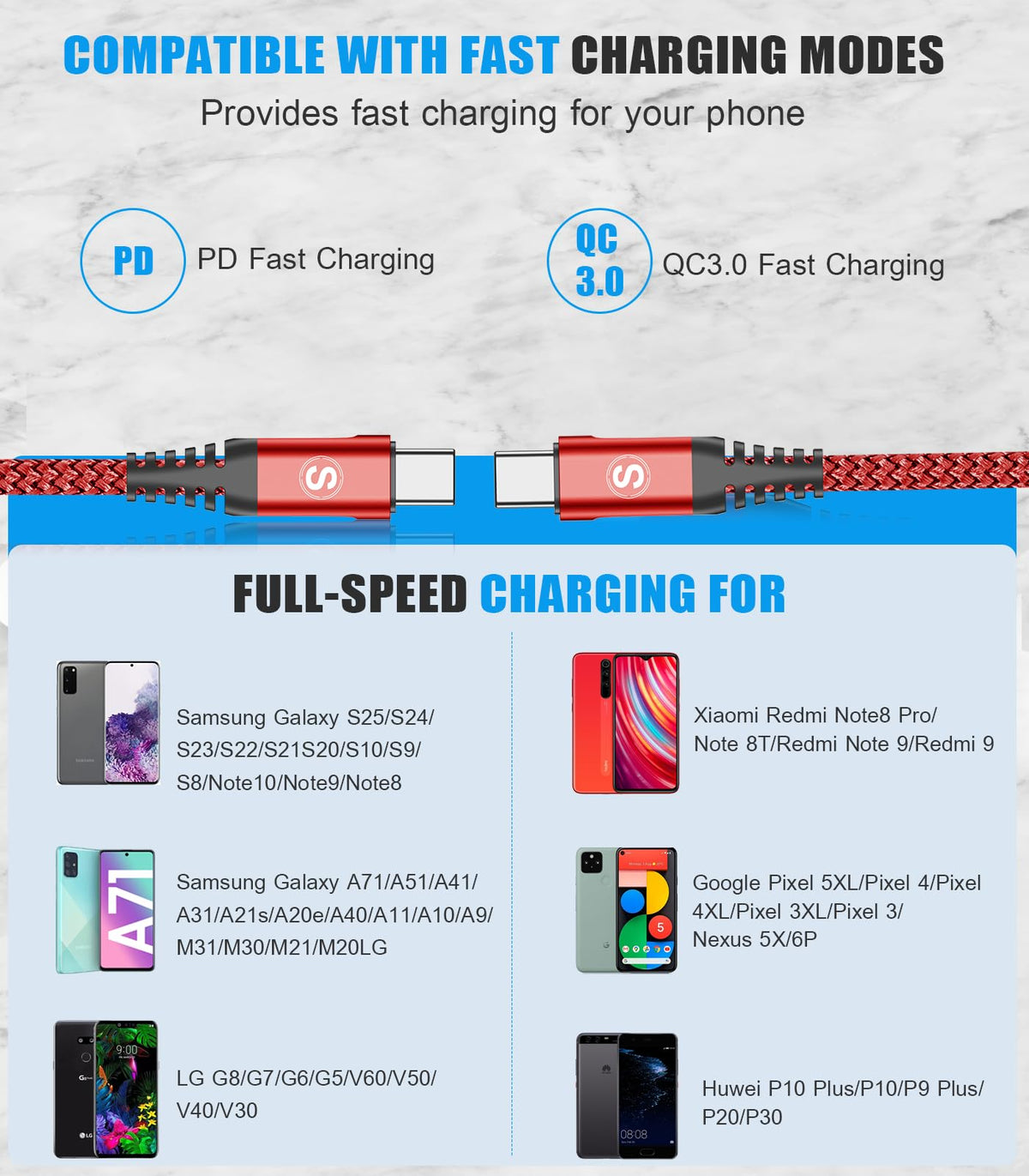 2-Pack 3m 60W USB C to USB C Charger Cable, PD Type C Super Fast Charging for iPhone 16 15 MacBook iPad Pro, Samsung Flip Fold 7 6 5 S25 S24 S23 Ultra, Steam Deck, Nintendo Switch etc