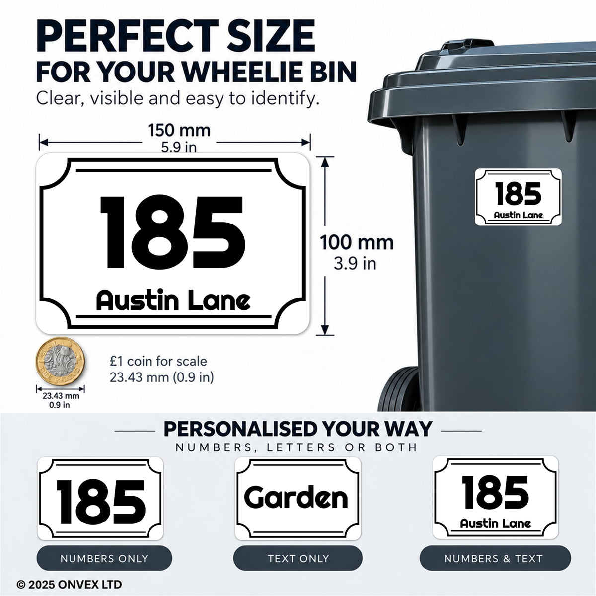 Set of 4 Personalised Wheelie Bin Stickers, Custom Bin Number Stickers with House Number and Street Name, Waterproof Labels for Rubbish and Recycling Bins, Easy Apply, 100 x 150mm (Style - Classic)