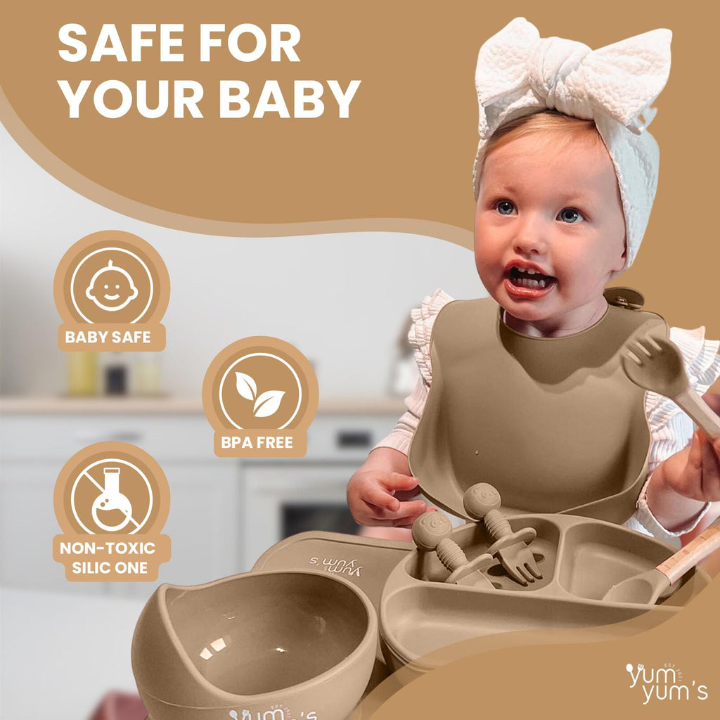 Yum Yum's Baby 10 Pcs Blue Weaning Set - Complete Toddler Feeding Kit w/Sectioned Plate, Suction Bowls, Cutlery with Mouth Guard, Straw Cup, Bib & Mat - Non-Slip - for Toddlers & Baby Gift