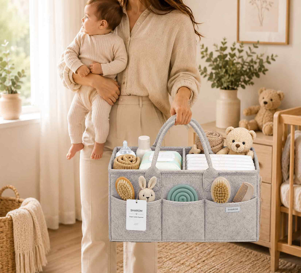 Essential Baby Caddy for Newborns. Spacious, Sturdy & Portable Diaper and Nappy Caddy for Newborn Essentials, Nursery Storage Basket & Organiser for Baby Shower Gifts & Registry Must-Haves Grey