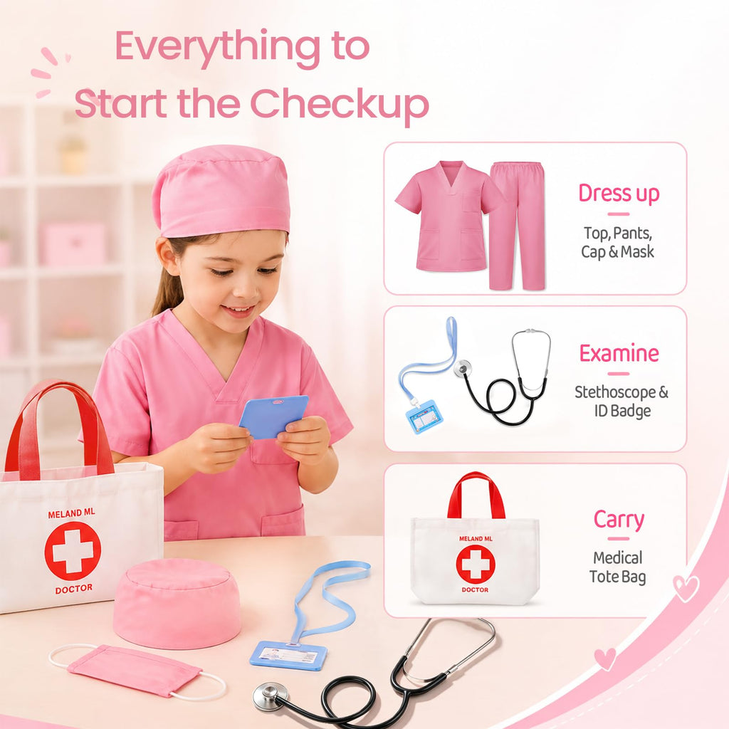 Meland Doctor Costume for Kids 3-10, Pretend Play Career Dress Up with Bag