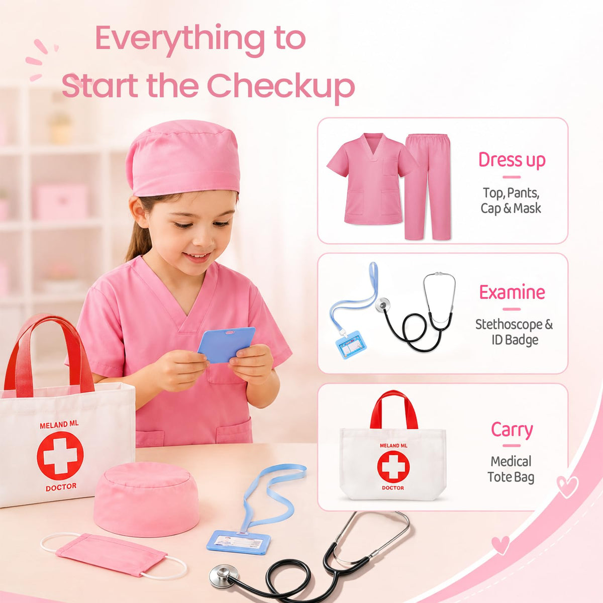 Meland Doctor Costume for Kids 3-10, Pretend Play Career Dress Up with Bag