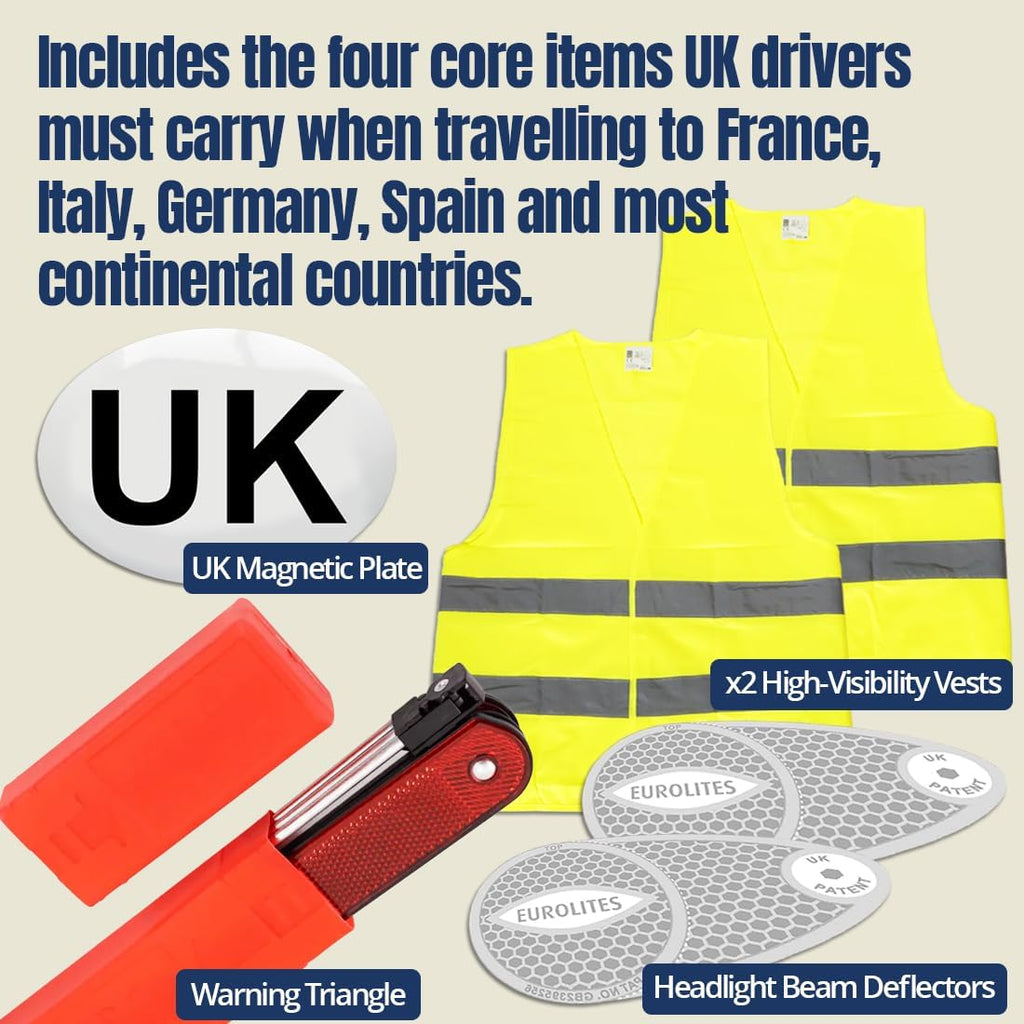 EVAQ8 Europe Travel Driving Kit 2026 Includes the Four Core Items UK Cars Must Carry When Travelling to France, Italy, Germany, Spain: UK Sticker, Warning Triangle, Vests, Headlamp Beam Converters