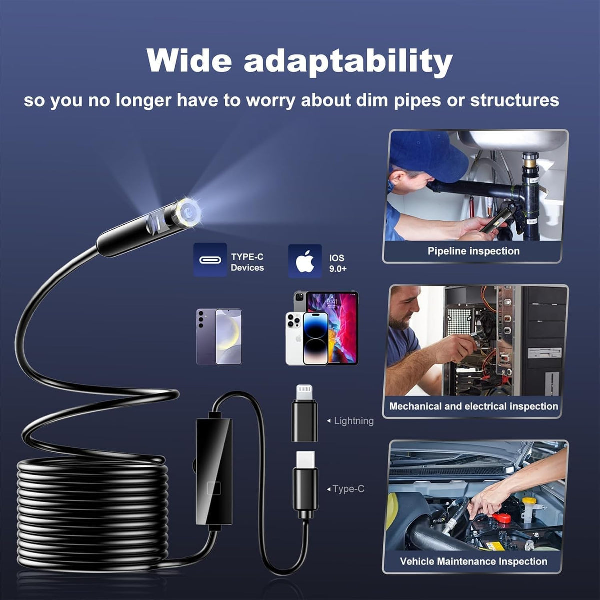 Endoscope Inspection Camera with Lights, 1920P HD Flexible Borescope Lens, 16.5ft Semi-Rigid Snake Cameras,IP67 Tube Sink Pipe Drain Overhaul, for Android, iPhone, iPad, Tools