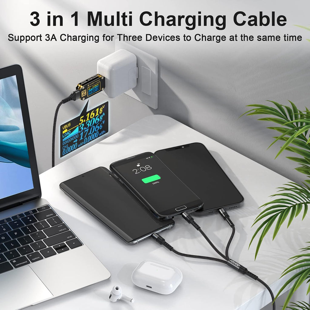 RAVIAD Multi Charger Cable, 3 in 1 Charger Cable 3A USB Fast Charging Cord