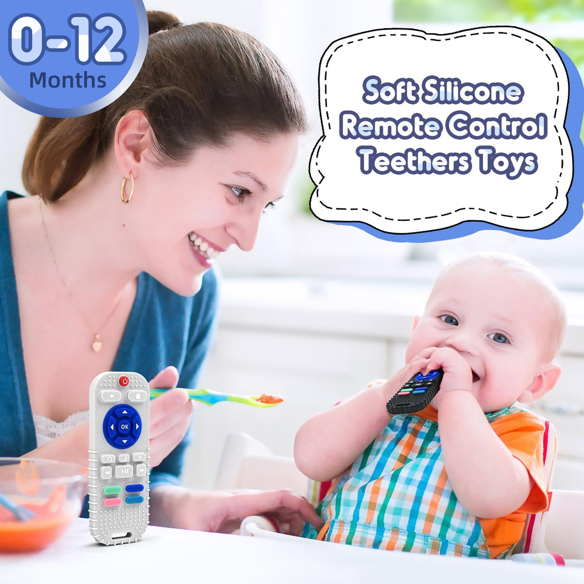 Teething Relief Teethers Toys for Babies 3-6 12 Months Gifts, Silicone Remote Control Baby Teether Bath Toys for 3 6 9 Months Newborn Infant Boy Girl Autism, Food Grade Silicone Sensory Toys, Black