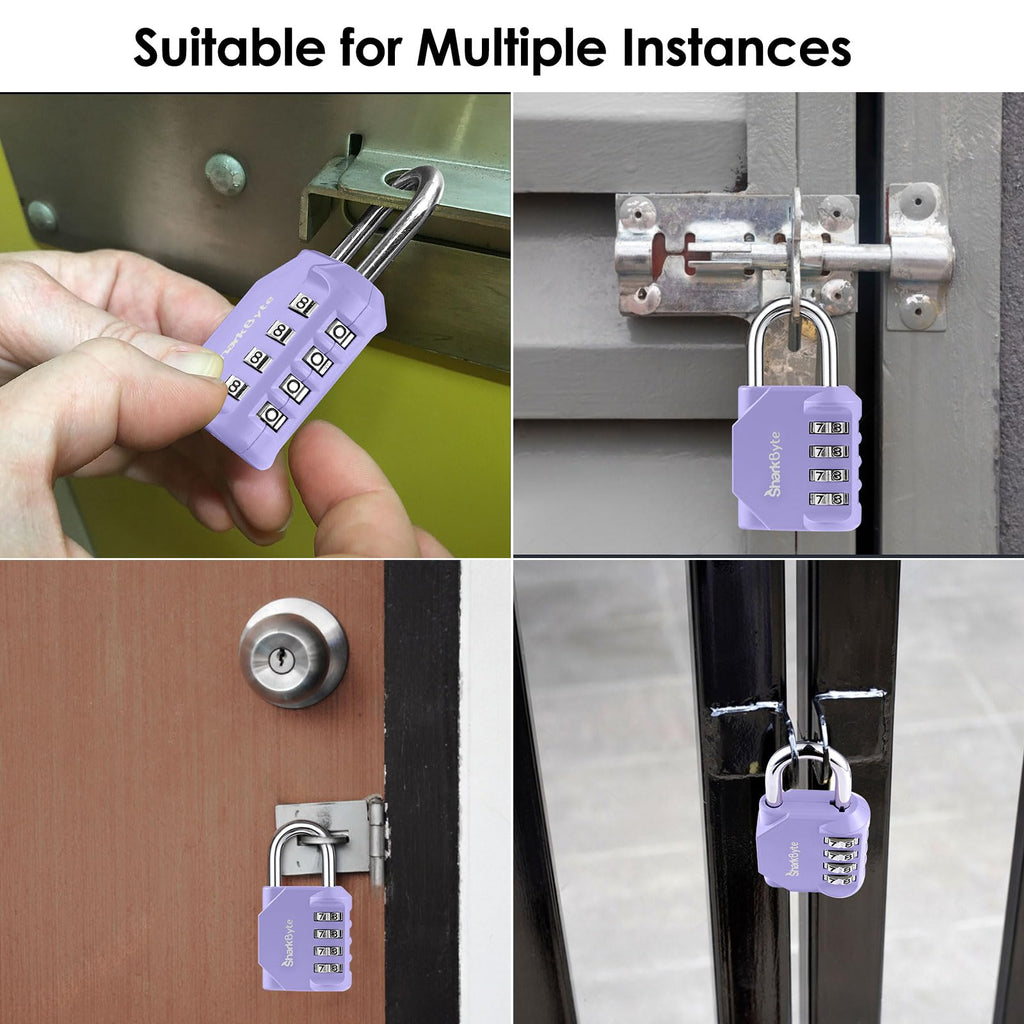 SharkByte Heavy Duty Combination Padlock – 4-Digit Weatherproof Outdoor Lock with Stainless Steel Shackle, Anti-Rust Resettable Code for Gym, School, Locker, Shed, Toolbox, Gate & Warehouse - Purple