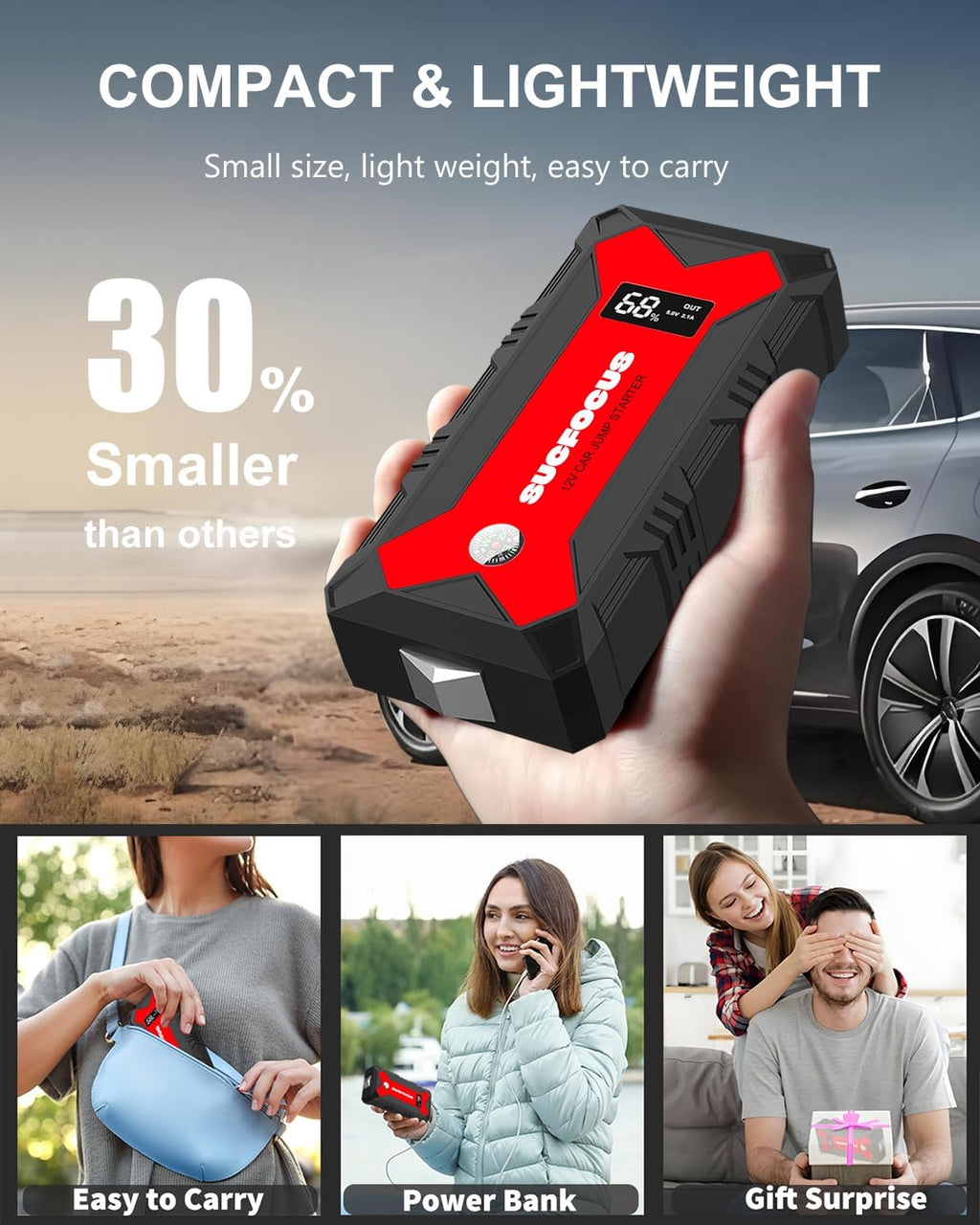 Jump Starter Power Pack, 4000A Car Battery Booster Jump Starter for 12V Vehicles and Motorbikes (9.0L Petrol or 8.5L Diesel), Car Jumper Starter Power Bank with Jump Leads, LED Light/USB QC3.0 (Red)