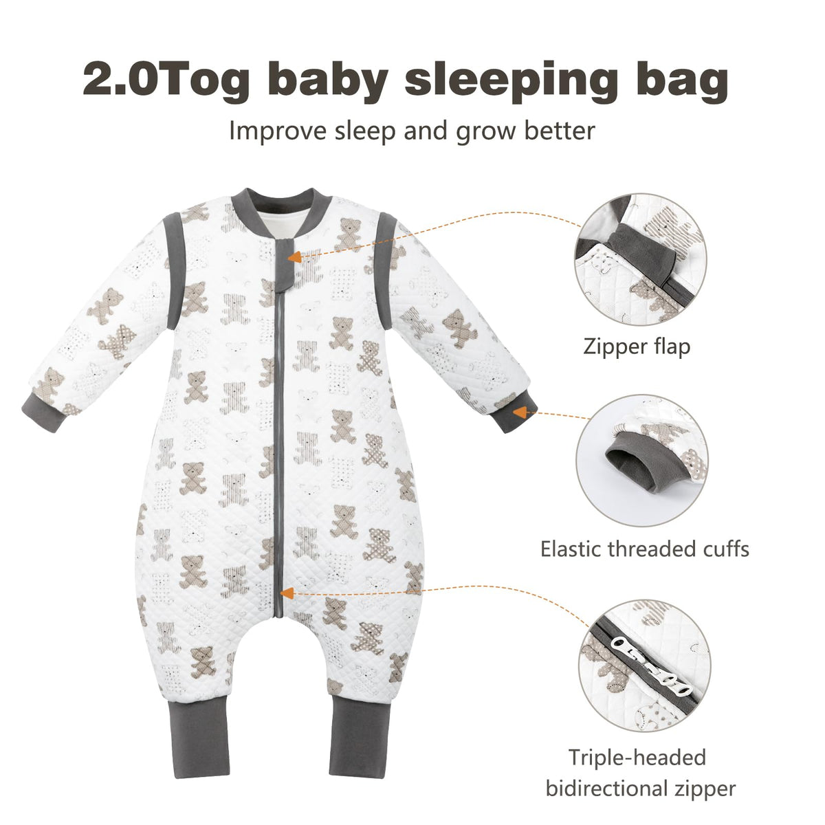 Baby Sleeping Bag with Feet, 2.0 Tog, Removable Sleeves 6-18 months