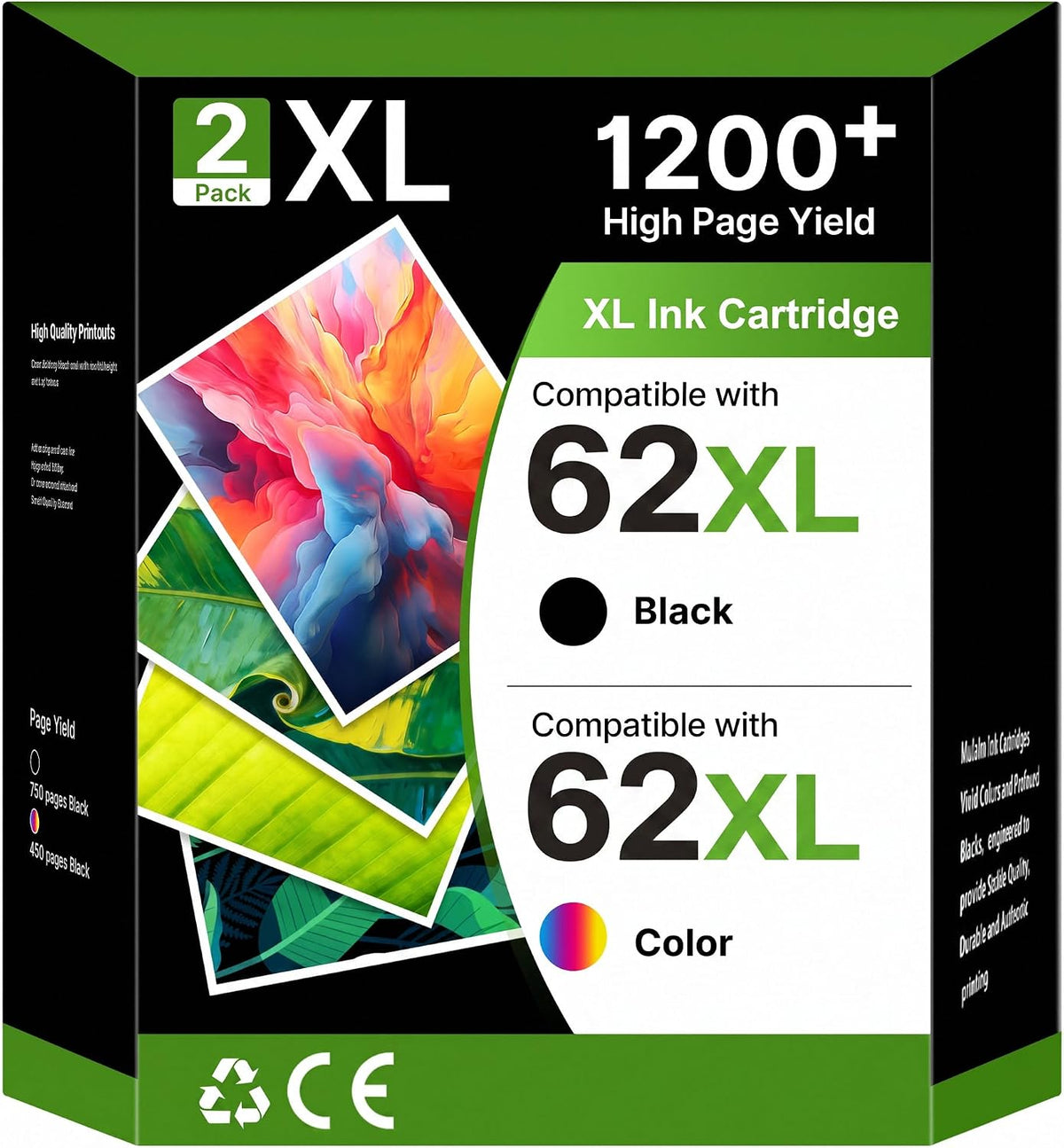 62XL Ink Cartridge 1Black 1TriColour Replacement for HP 62XL Ink Cartridges
