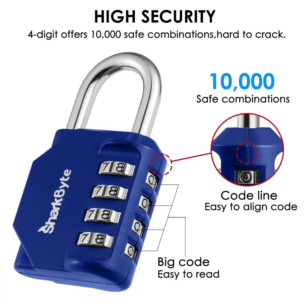SharkByte Heavy Duty Combination Padlock – 4-Digit Weatherproof Outdoor Lock with Stainless Steel Shackle, Anti-Rust Resettable Code for Gym, School, Locker, Shed, Toolbox, Gate & Warehouse - Purple