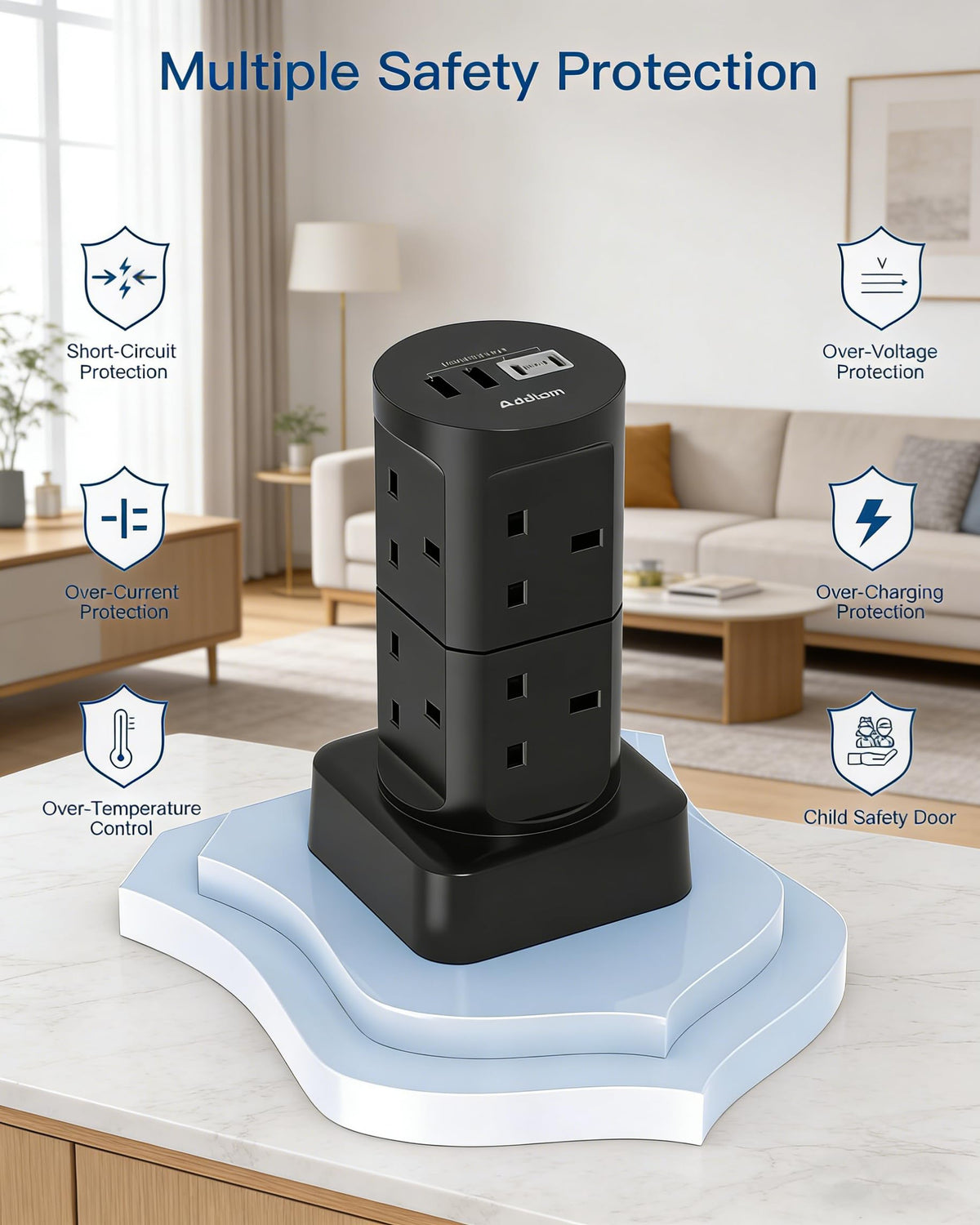 Tower Extension Lead with USB Slots, 8 Way Multi Plug Extension Tower &4USB