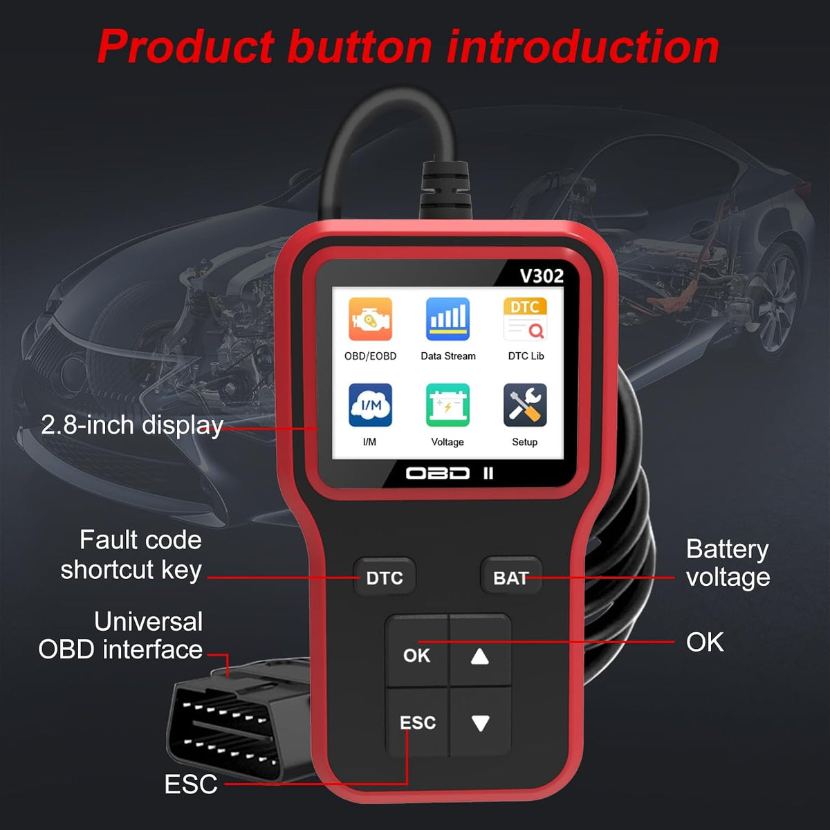 OBD2 Scanner Car Engine Fault Code Reader Wired, V302 OBDII Scan Tool