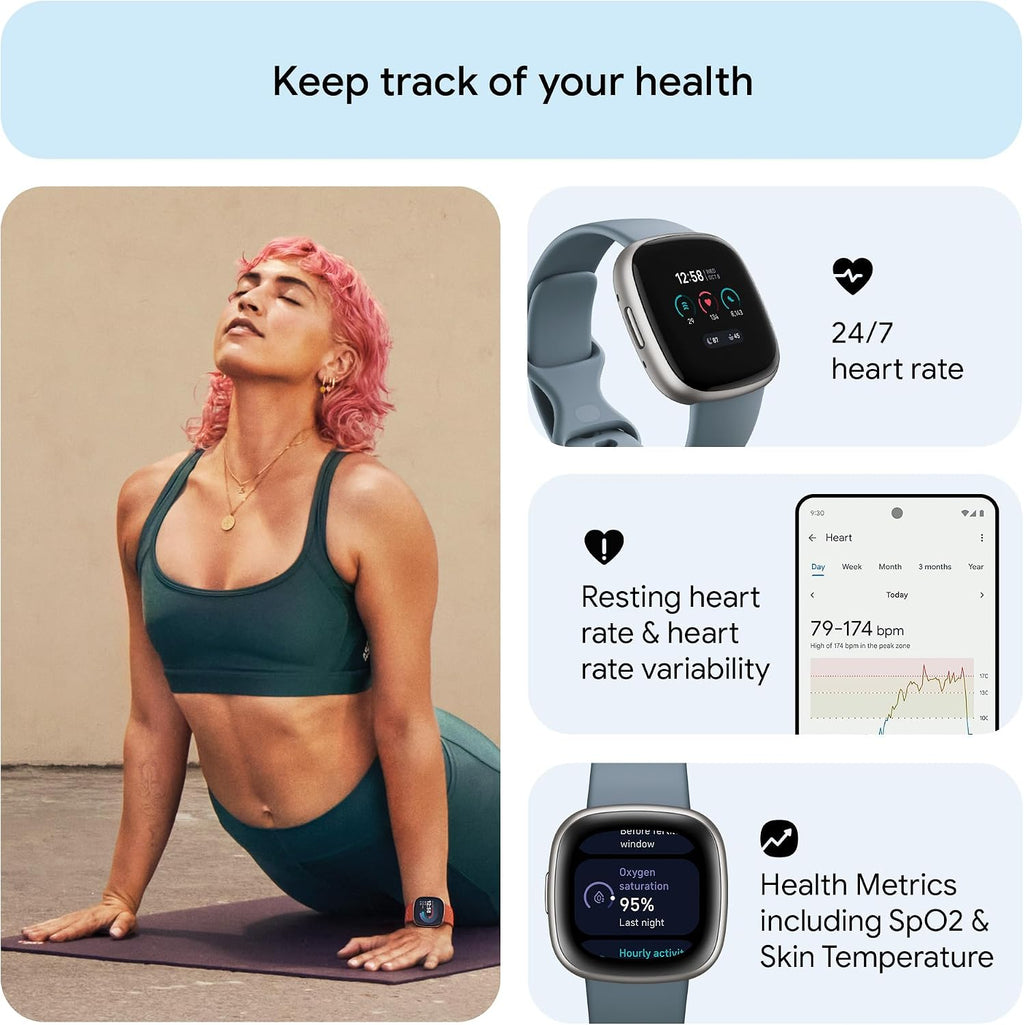 Google Fitbit Versa 4 Fitness Smartwatch with built-in GPS and up to 6 days battery life - compatible with iOS 15 or higher & Android OS 9.0 or higher, Waterfall Blue/Platinum