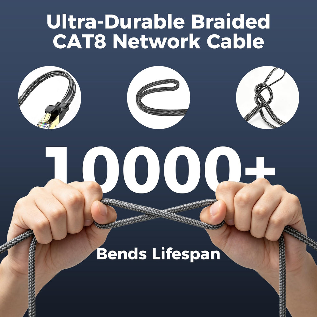 CAT8 Ethernet Cable 2M, 40Gbps 2000MHz Flat High Speed Network Cable, Nylon Braided Shielded, Internet Cable Braided Network Cord RJ45 Indoor LAN Cables Compatible with PS5/Xbox/Router/PC (2M)
