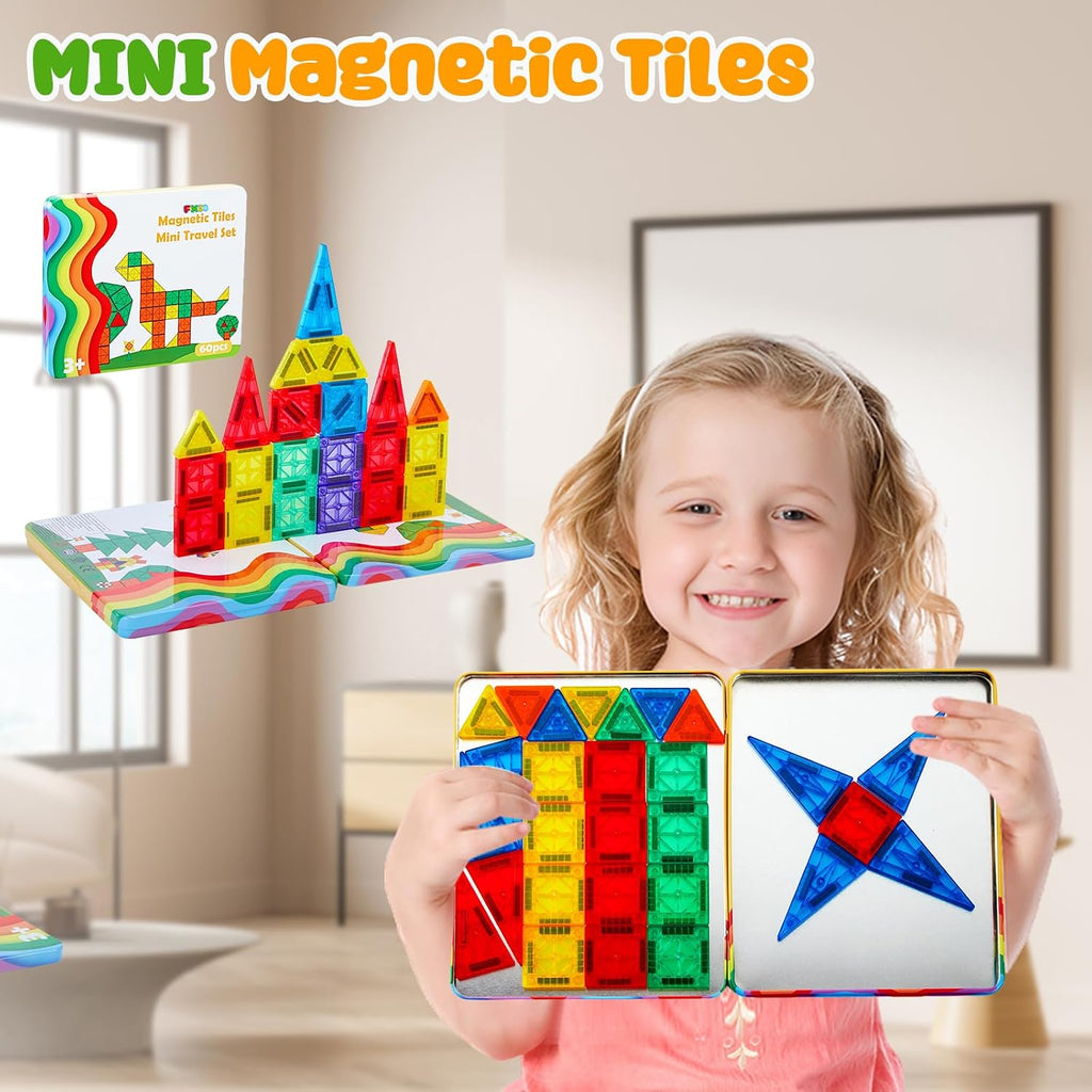 FNJO Mini Magnetic Tiles, 60PCS STEM Building Blocks Toy for Kids