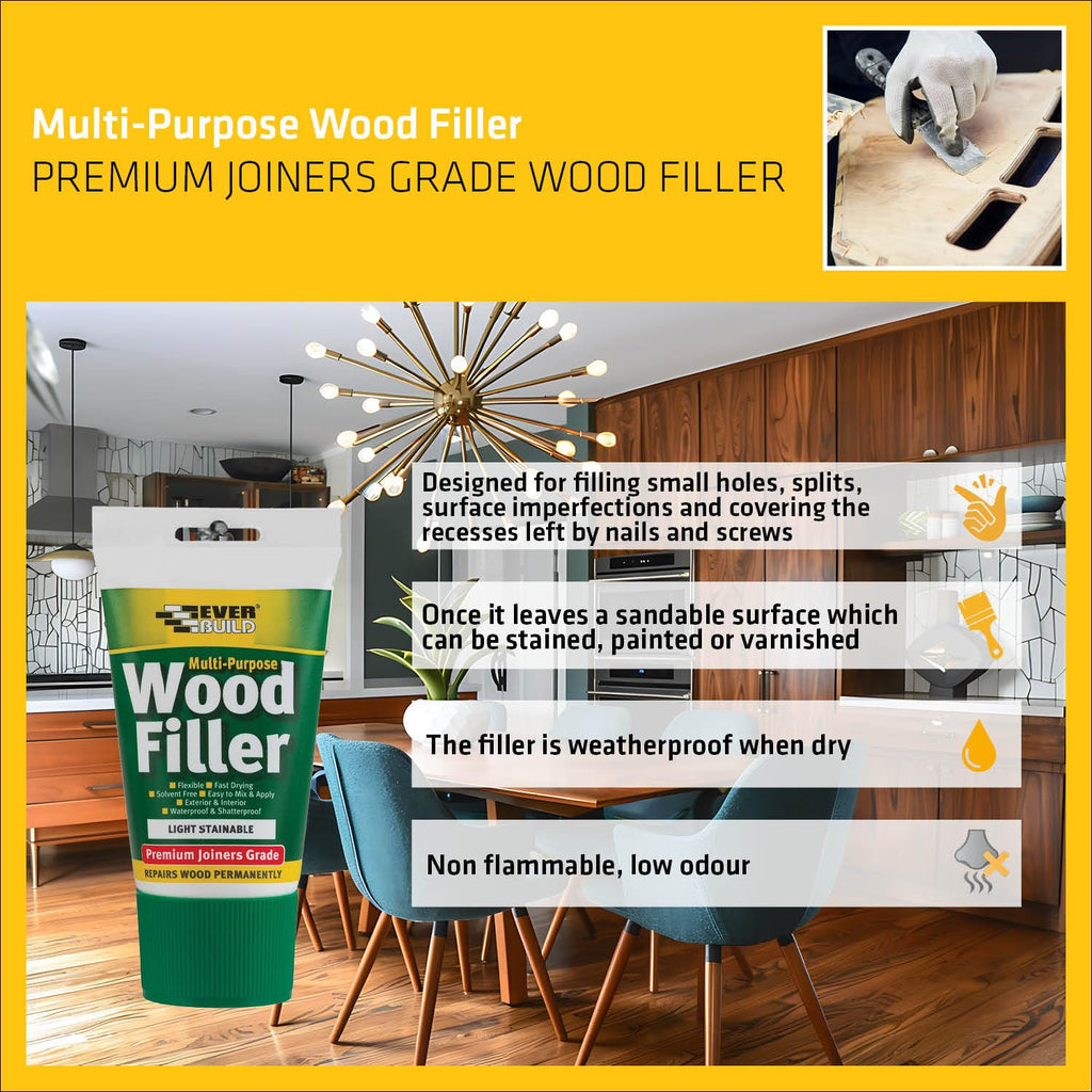 Everbuild Multipurpose Wood Filler – Suitable for Indoor and Outdoor Use – Sandable – Light Oak – 250ml