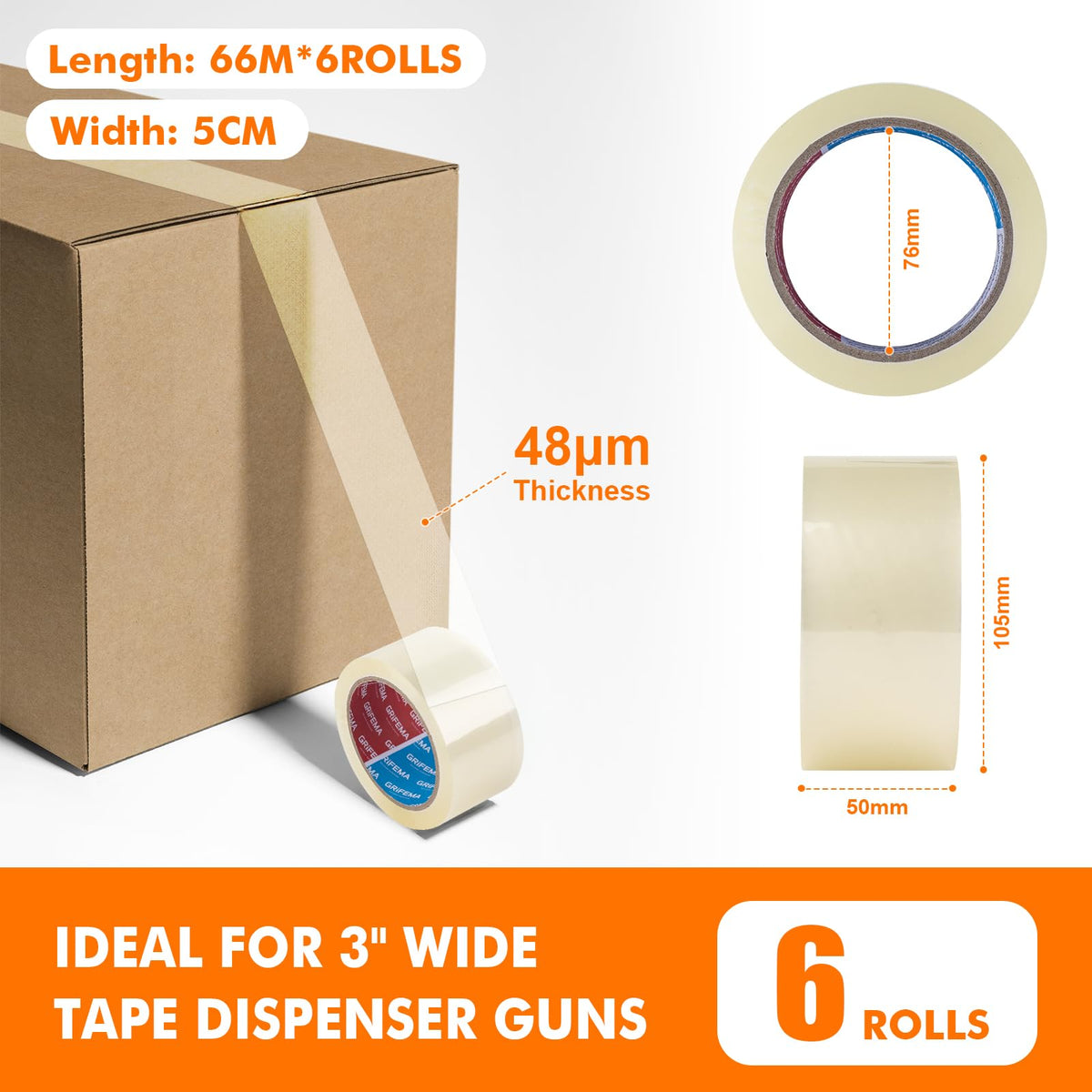 GRIFEMA GA4003-1 Parcel Tape 66m x 5cm Clear for Boxes & Moving