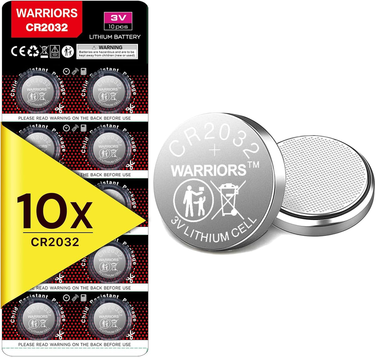 Warriors 10X CR2032 Batteries, 3V 240mAh Lithium Coin Batteries