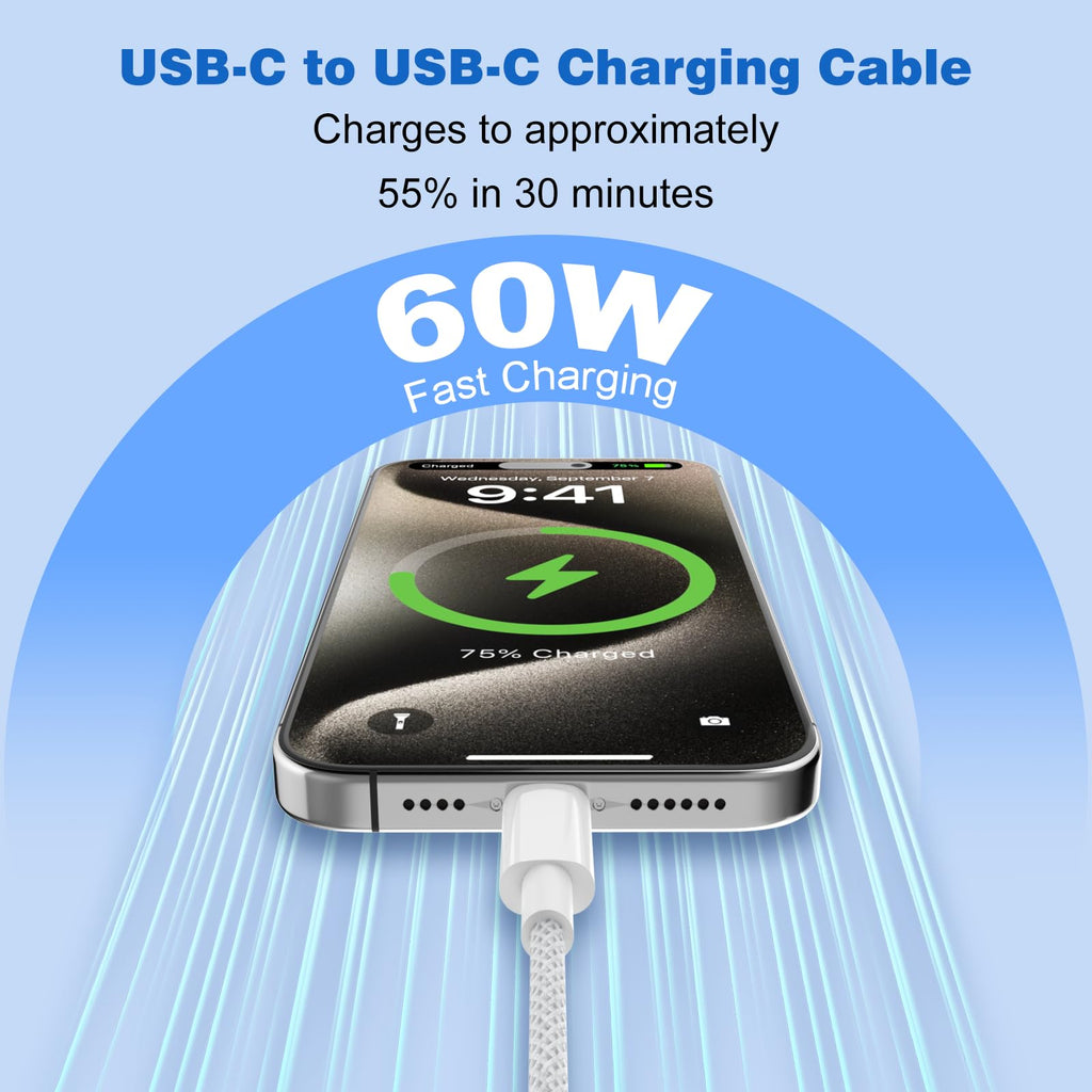 USB C to USB C Charger Cable 2M 3Pack, 60W Fast Charger Cable 2 Metre, Nylon Braided C to C Charging Cord Compatible with iPhone 18 17 16 Pro Max, Samsung Galaxy S26 S25, MacBook Air