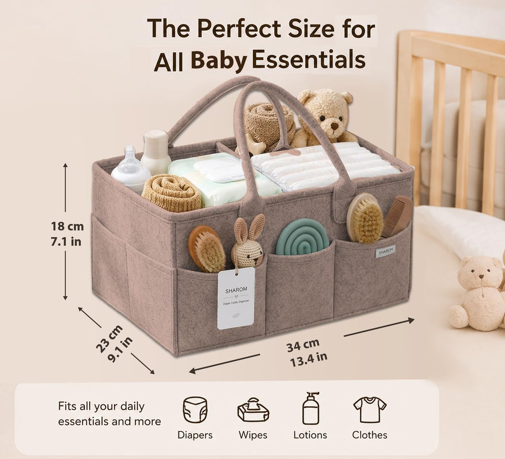 Essential Baby Caddy for Newborns. Spacious, Sturdy & Portable Diaper and Nappy Caddy for Newborn Essentials, Nursery Storage Basket & Organiser for Baby Shower Gifts & Registry Must-Haves Grey