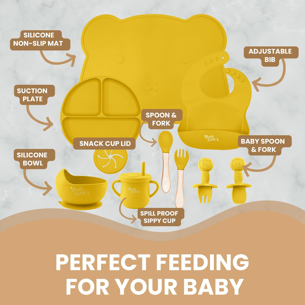 Yum Yum's Baby 10 Pcs Blue Weaning Set - Complete Toddler Feeding Kit w/Sectioned Plate, Suction Bowls, Cutlery with Mouth Guard, Straw Cup, Bib & Mat - Non-Slip - for Toddlers & Baby Gift