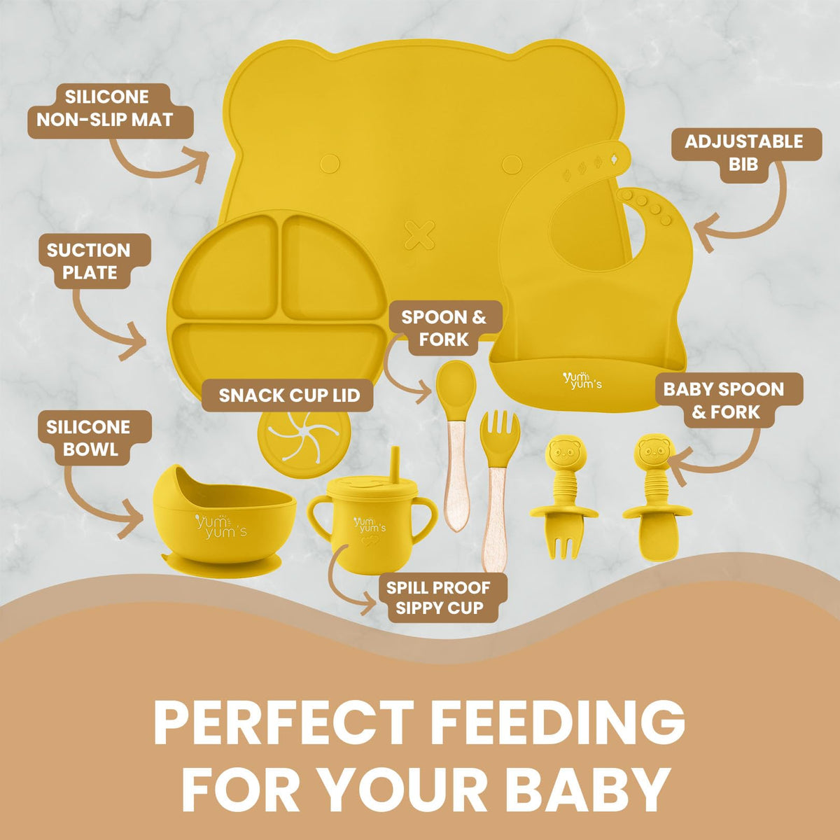 Yum Yum's Baby 10 Pcs Blue Weaning Set - Complete Toddler Feeding Kit w/Sectioned Plate, Suction Bowls, Cutlery with Mouth Guard, Straw Cup, Bib & Mat - Non-Slip - for Toddlers & Baby Gift