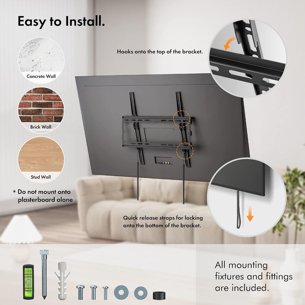 VonHaus TV Wall Bracket for 32-75" Screens, Ultra-Slim TV Bracket with Spirit Level, Flat to Wall Mount, 55kg Capacity, Max VESA : 400x400 mm