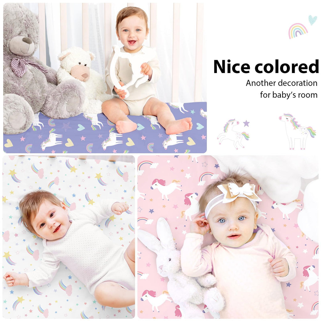 Next to Me Crib Sheets 85x51cm Fitted, 3 Pack Baby Cot Sheets, Ultral Soft & Silky Smooth Microfiber Bedside Crib Fitted Sheets Pink Rainbow