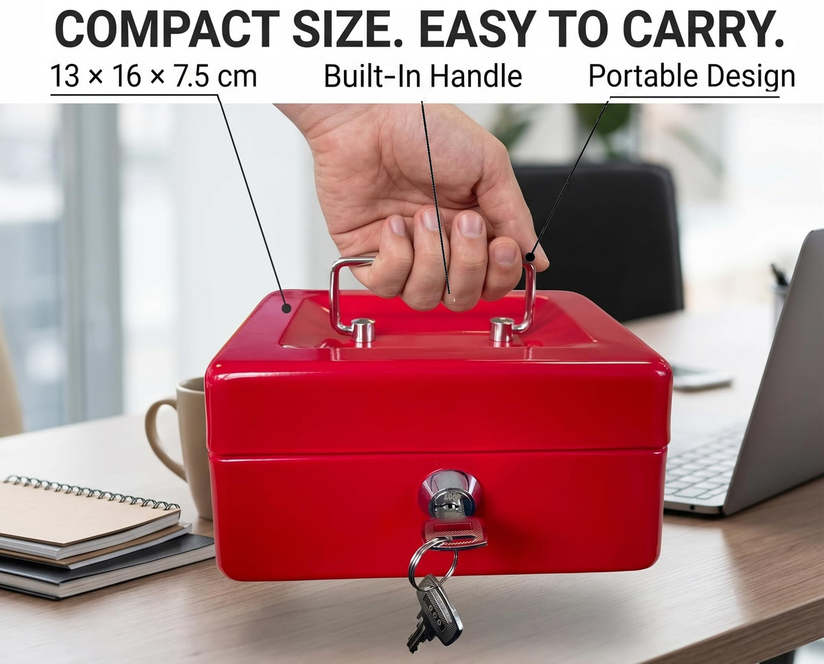 Requisite Needs Metal Money Box Tin 6" Steel Cash Safe Box Petty Cash Deposit Tin with Lock 2 Keys for Security (BLACK)