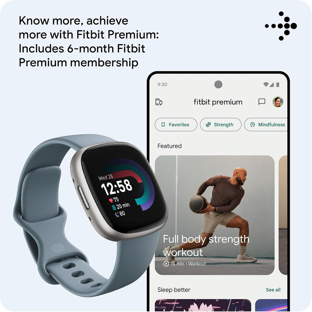 Google Fitbit Versa 4 Fitness Smartwatch with built-in GPS and up to 6 days battery life - compatible with iOS 15 or higher & Android OS 9.0 or higher, Waterfall Blue/Platinum