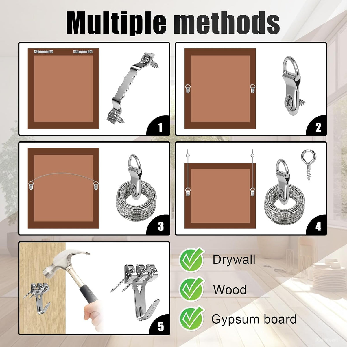 300pcs Picture Hooks Picture Hanging Kit for Picture Frame Fixing Hard Walls Photo Hooks Assorted Picture Hanger Set with Saw Tooth, D-Ring, Nails, Wire,Screws