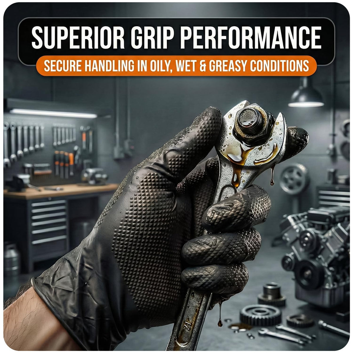 The Real Touch Nitrile Gloves, 50 Count, Heavy-Duty Disposable Mechanic Gloves, Diamond Textured, Latex & Powder-Free, Non-Slip, Extra Thick, Ideal for Automotive, Industrial Tasks (Black - 50, L)