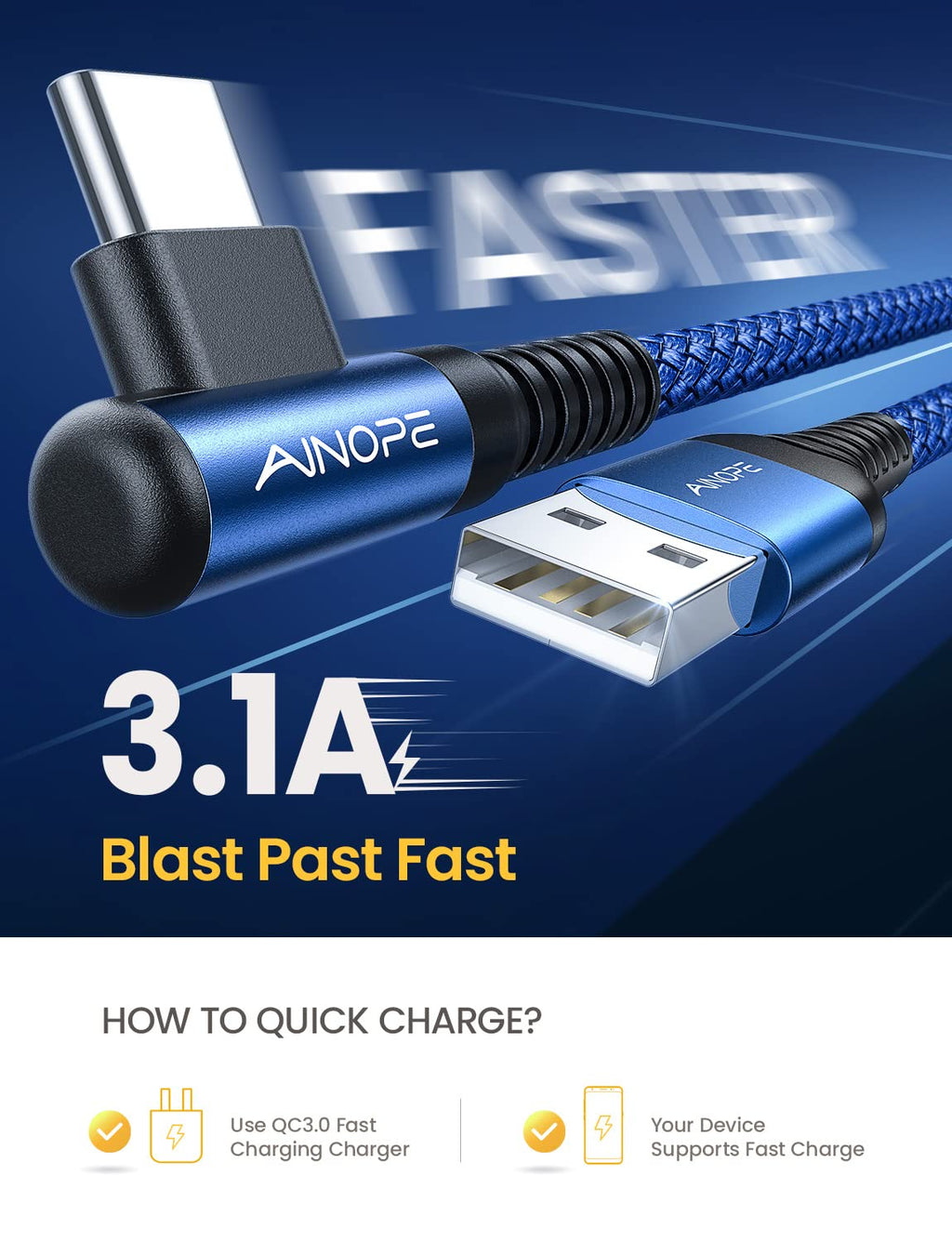 AINOPE 2-Pack 0.5ft USB C Cable, 3.1A Fast Charging, Right Angle, Durable Nylon Braided, Compatible with Galaxy S22 S21 Plus S20, Note 10 9 LG, Type C Charger