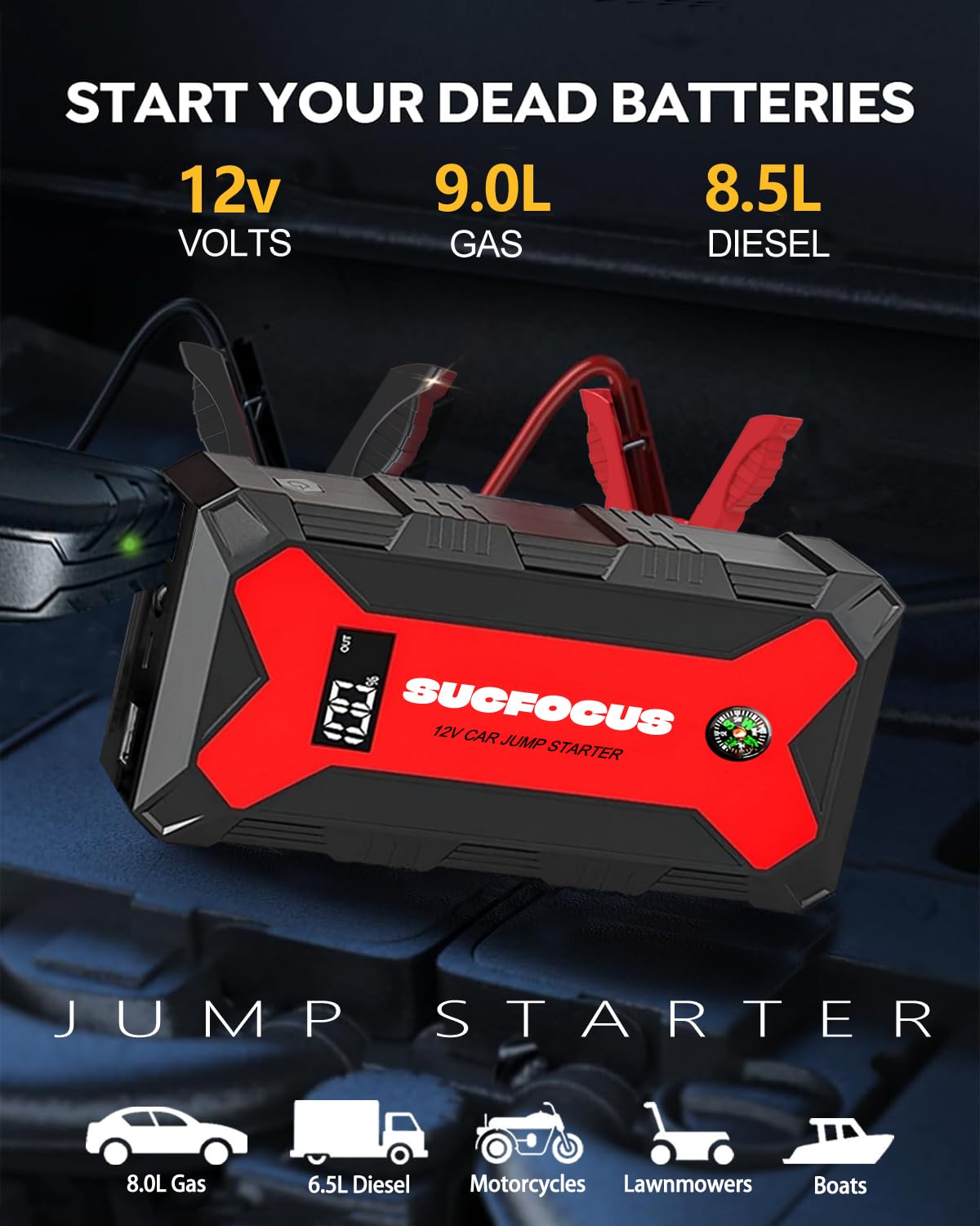 Jump Starter Power Pack, 4000A Car Battery Booster Jump Starter for 12V Vehicles and Motorbikes (9.0L Petrol or 8.5L Diesel), Car Jumper Starter Power Bank with Jump Leads, LED Light/USB QC3.0 (Red)