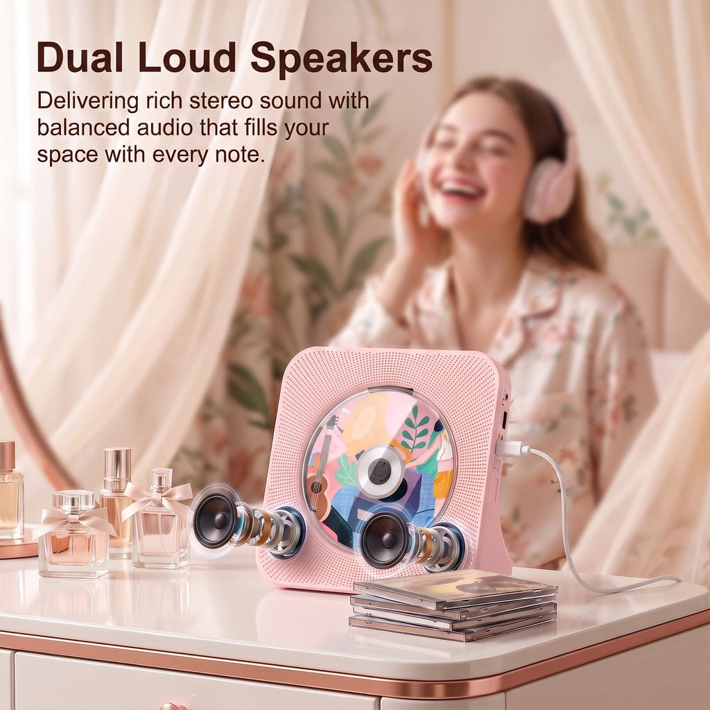 Portable CD Player with Bluetooth, Gueray Desktop CD Players for Home, Bulit-in Double HiFi Speakers, AUX&Headphone Jack, FM Radio Boombox with Remote Control, USB Port,LCD Display (White)