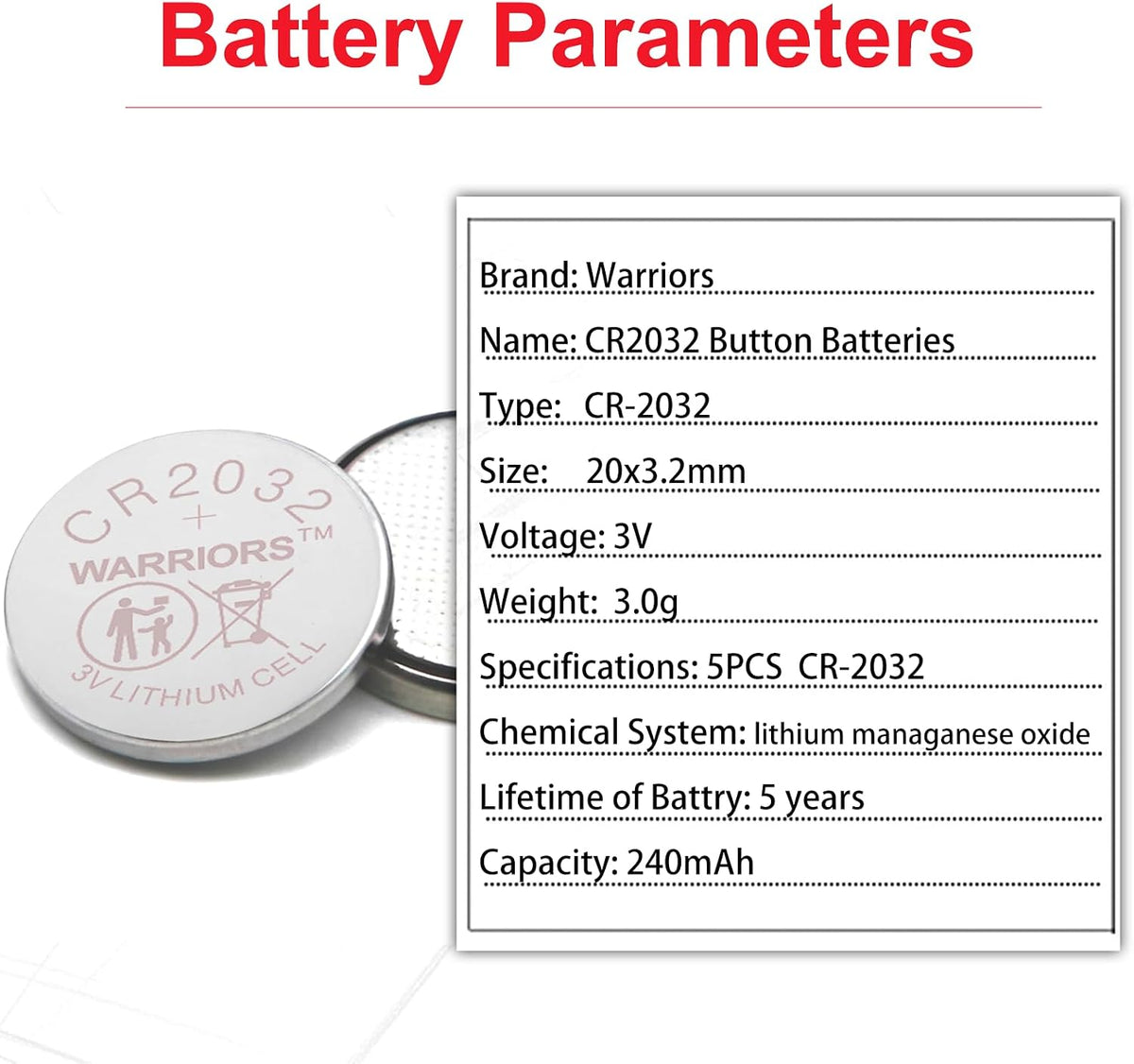 Warriors 10X CR2032 Batteries, 3V 240mAh Lithium Coin Batteries