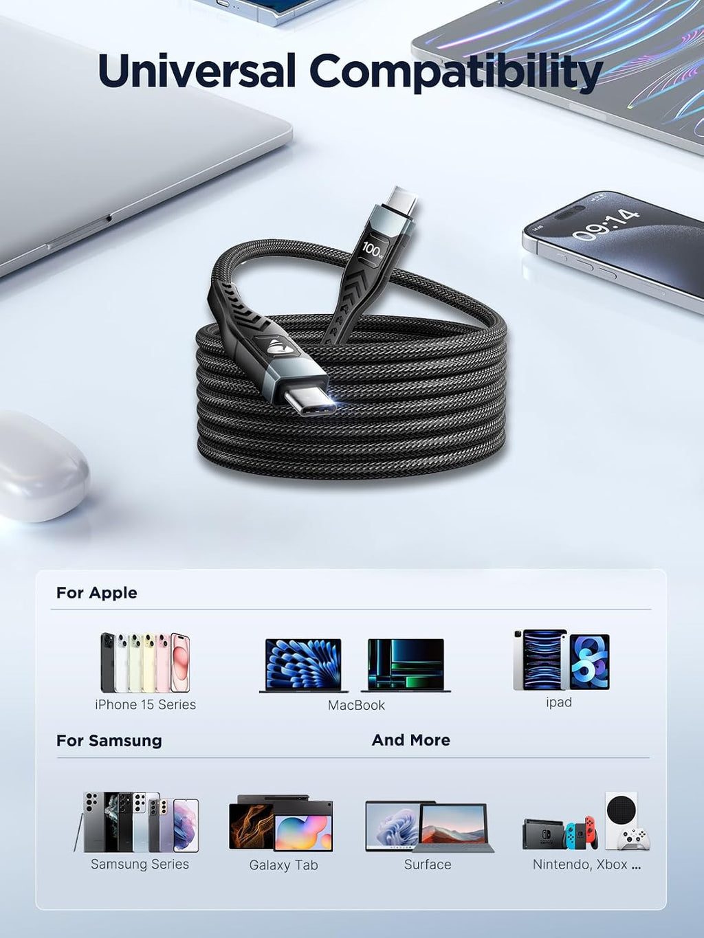 100W USB C to USB C, Fast Charging Cable 3M Long Type C Cable C to C Charger Fast Charg Lead Usbc to Usbc for iPhone 16 15 Pro Max Plus MacBook iPad Pro/Air Samsung Galaxy S23/S22/S21 Google Pixel