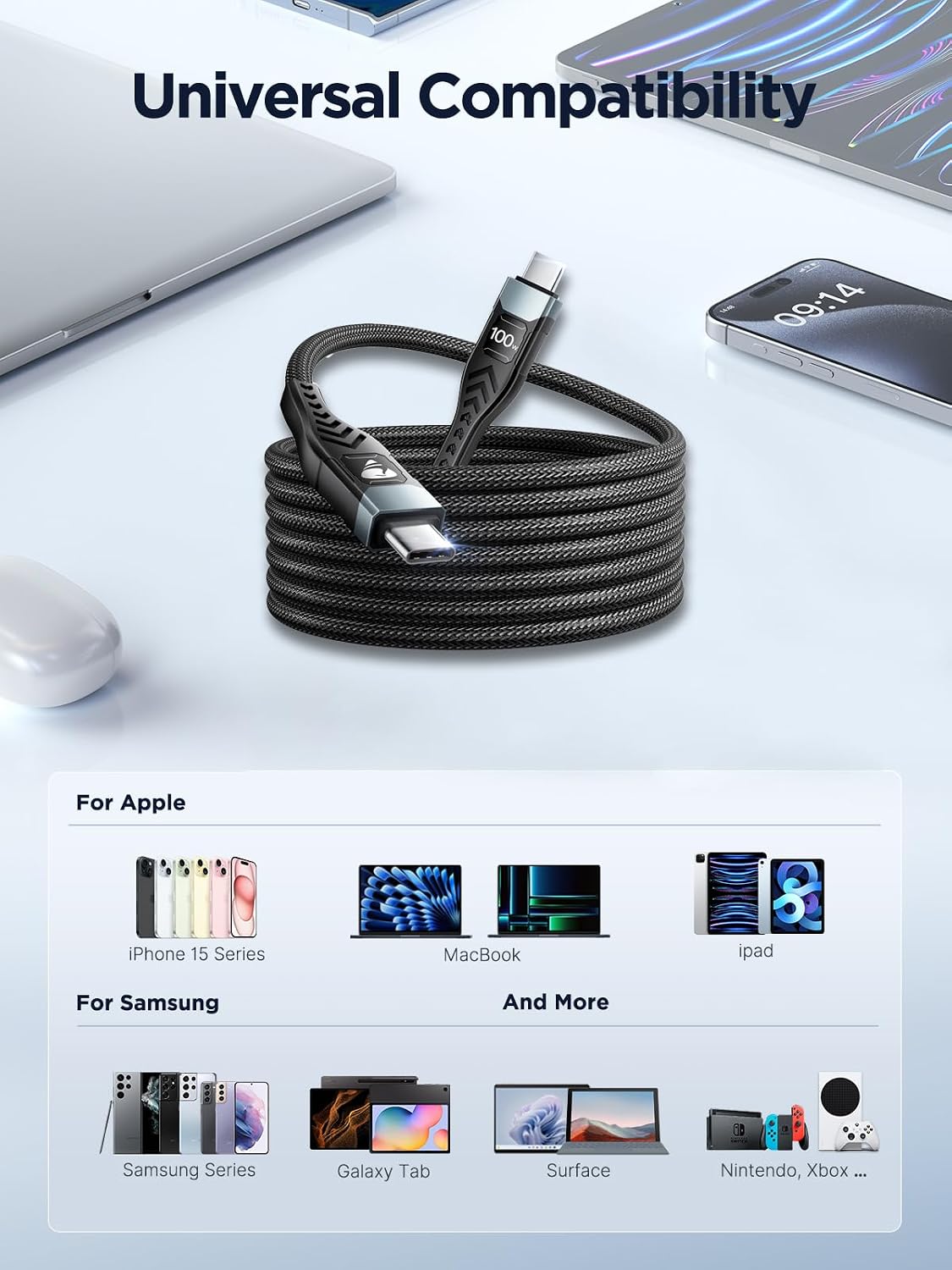 100W USB C to USB C, Fast Charging Cable 3M Long Type C Cable C to C Charger Fast Charg Lead Usbc to Usbc for iPhone 16 15 Pro Max Plus MacBook iPad Pro/Air Samsung Galaxy S23/S22/S21 Google Pixel