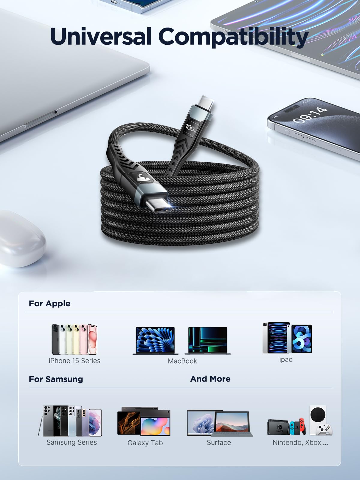 100W USB C to USB C, Fast Charging Cable 3M Long Type C Cable C to C Charger Fast Charg Lead Usbc to Usbc for iPhone 16 15 Pro Max Plus MacBook iPad Pro/Air Samsung Galaxy S23/S22/S21 Google Pixel