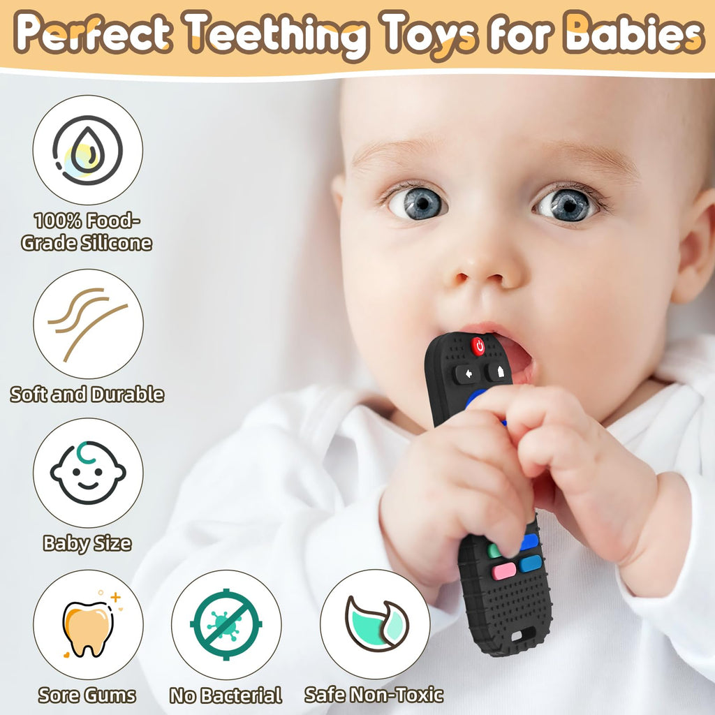 Teething Relief Teethers Toys for Babies 3-6 12 Months Gifts, Silicone Remote Control Baby Teether Bath Toys for 3 6 9 Months Newborn Infant Boy Girl Autism, Food Grade Silicone Sensory Toys, Black