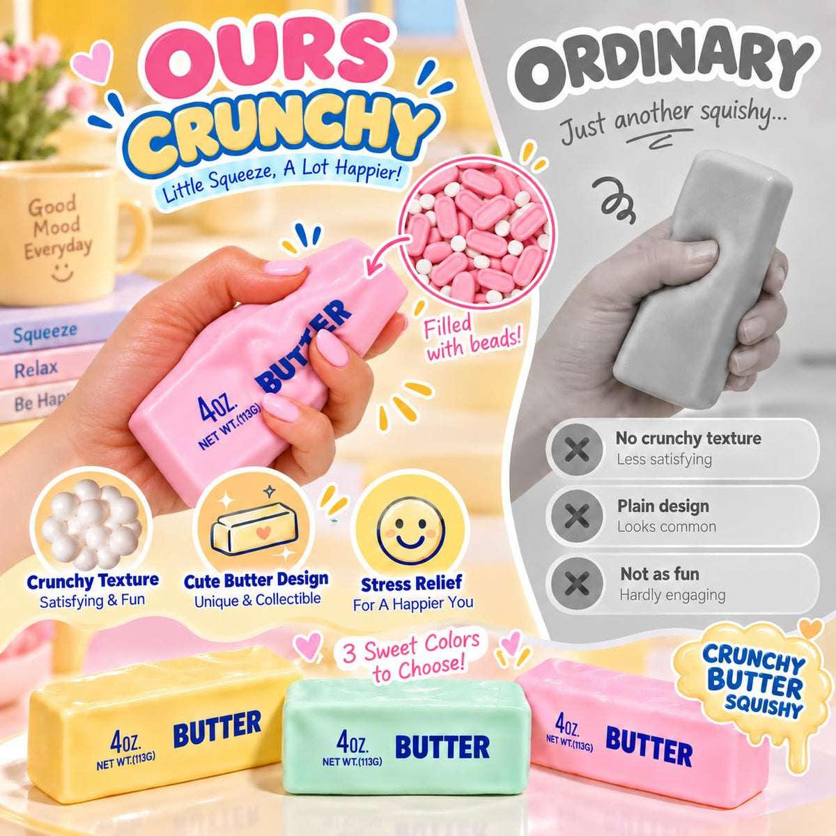 Crunchy Butter Squishy, Soft Squeeze Sensory Fidget Toy with Crunchy ASMR Texture, Butter Stick Stress Relief Toy, Fun Novelty Gift for Kids Teens and Adults, Pink
